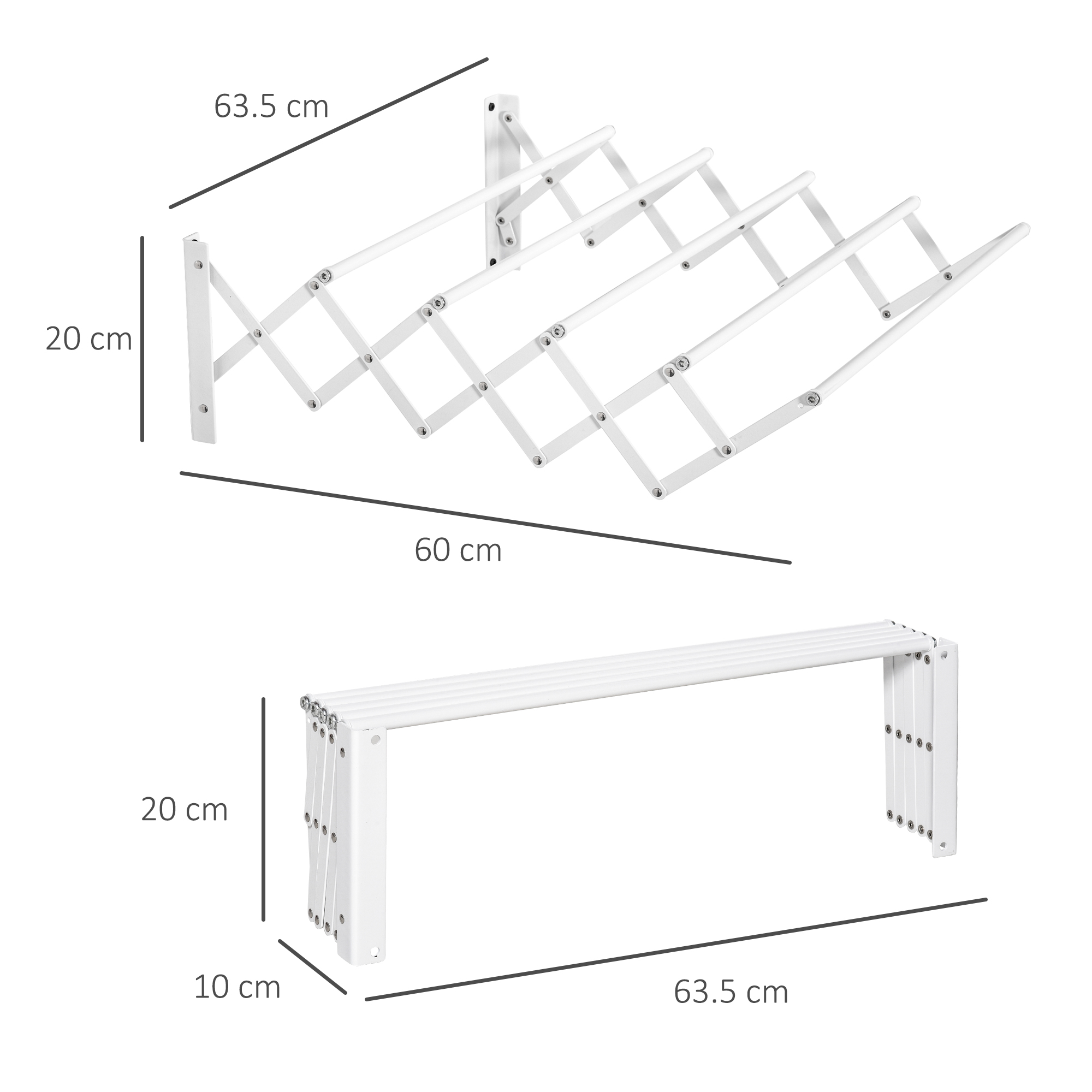Uno stendibiancheria bianco espandibile, misure 63,5x20x60cm.