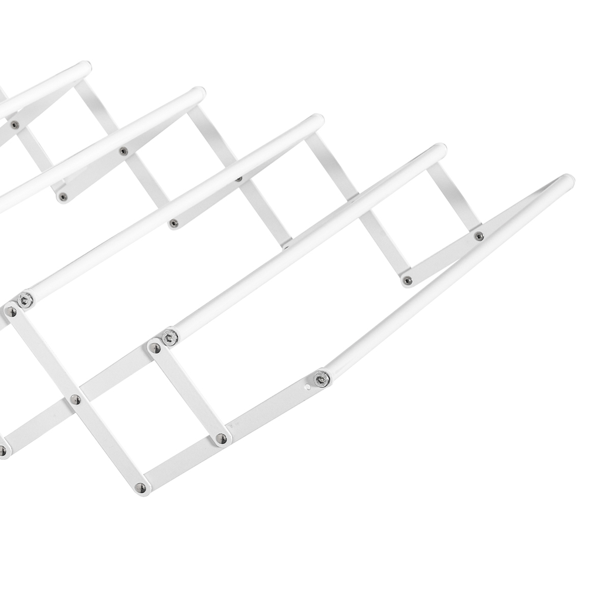 Uno stendibiancheria bianco estensibile con barre parallele e rivetti.