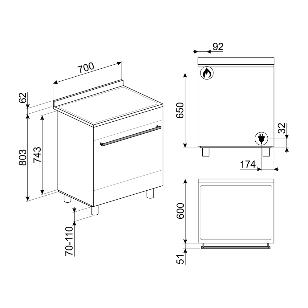 Disegno tecnico di un piano cottura con dimensioni. Vista sinistra, viste frontale e laterale destra.