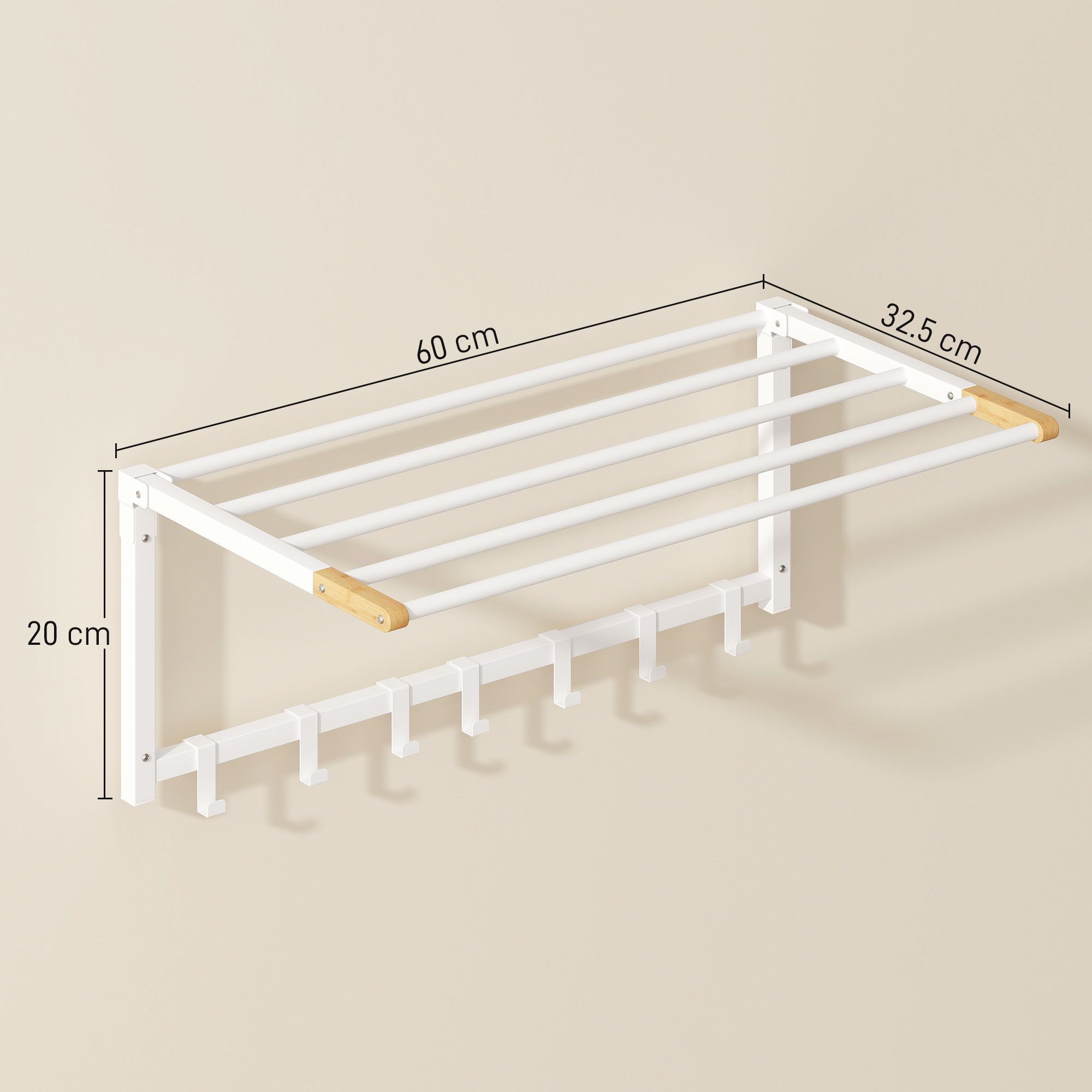 Scaffale bianco da parete con 5 barre e 7 ganci. Dimensioni 60x32,5x20cm.