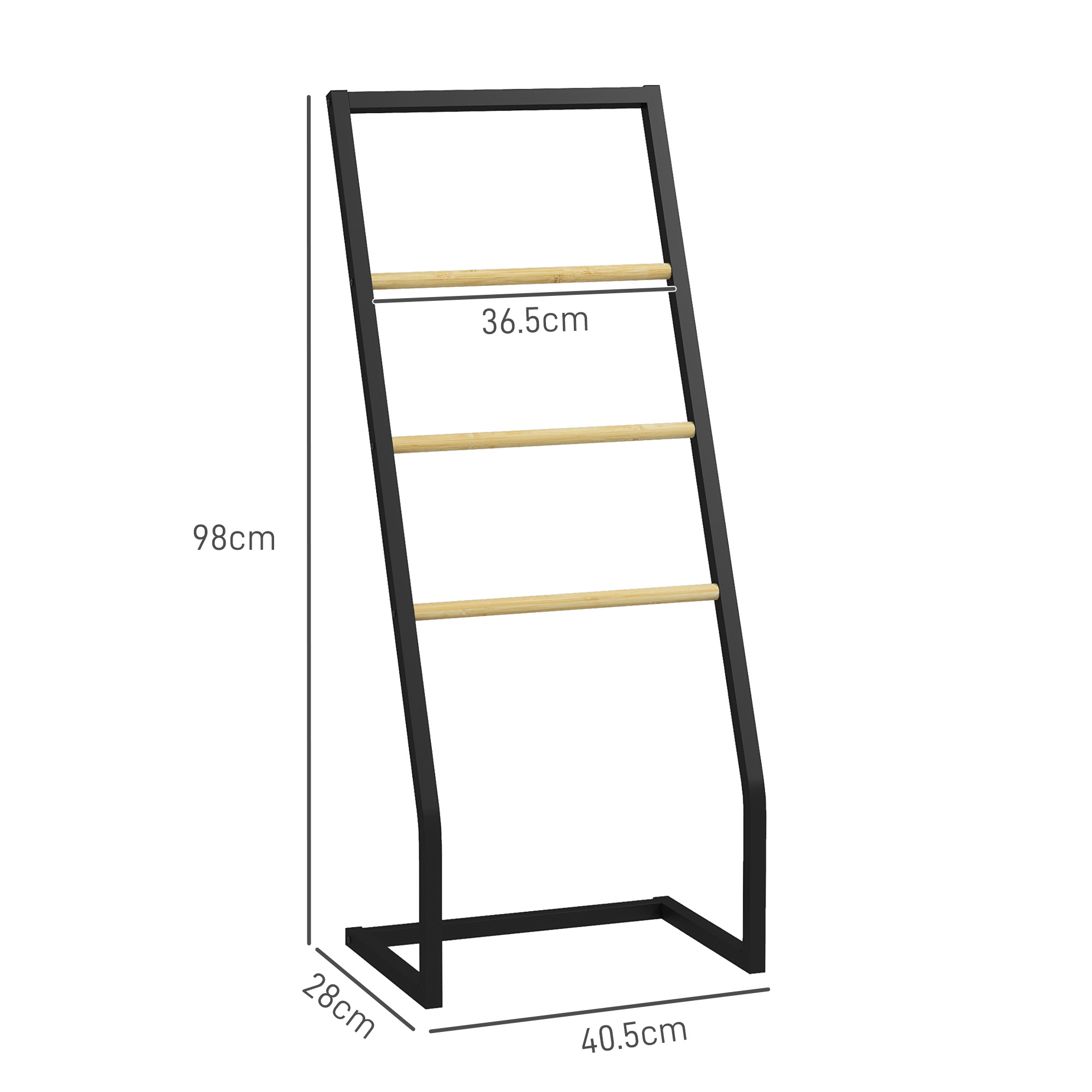 Un porta asciugamani nero con tre barre di legno. Dimensioni: 98x40,5x28cm.
