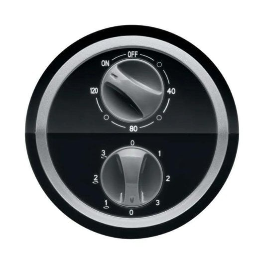Un dial circular negro con dos perillas grises. La perilla superior controla ON/OFF y 40-120. La perilla inferior controla 0-3.