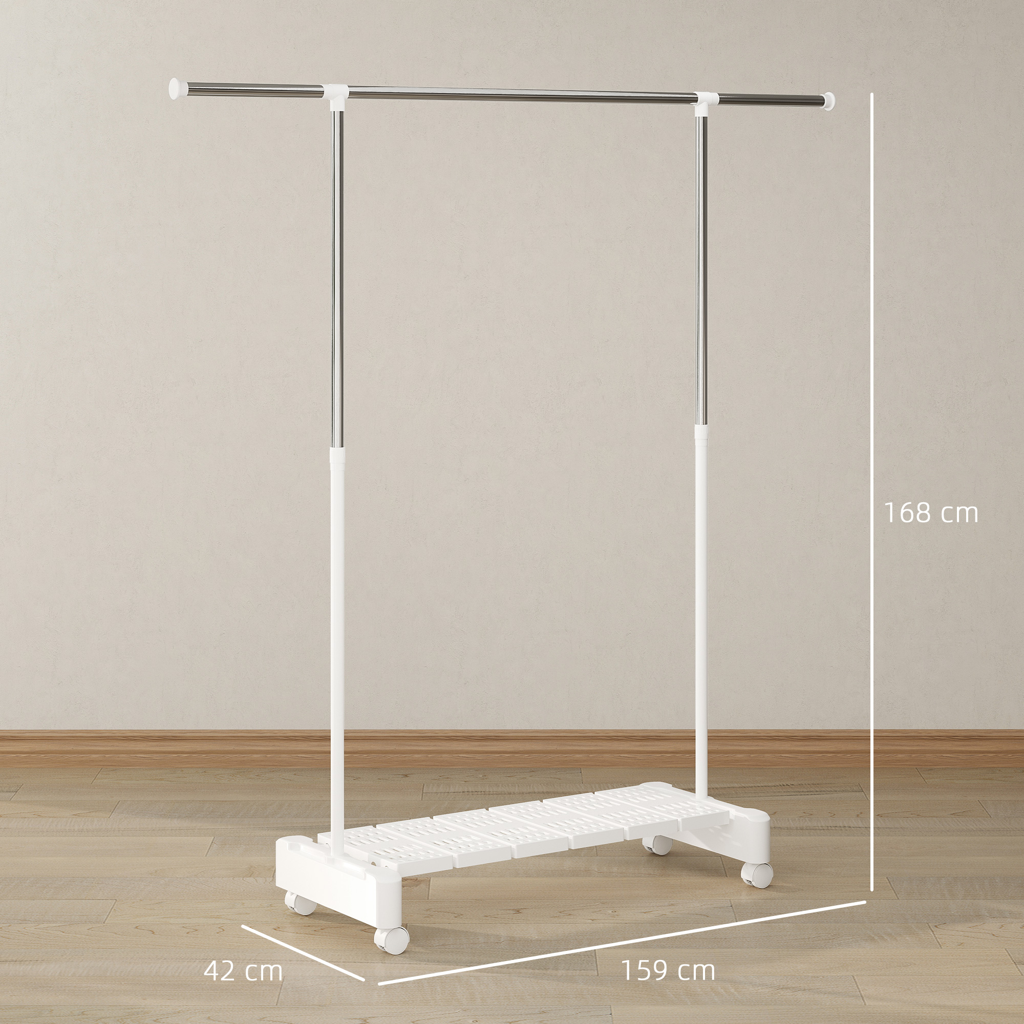 Un appendiabiti bianco su ruote con ripiano e dimensioni indicate.