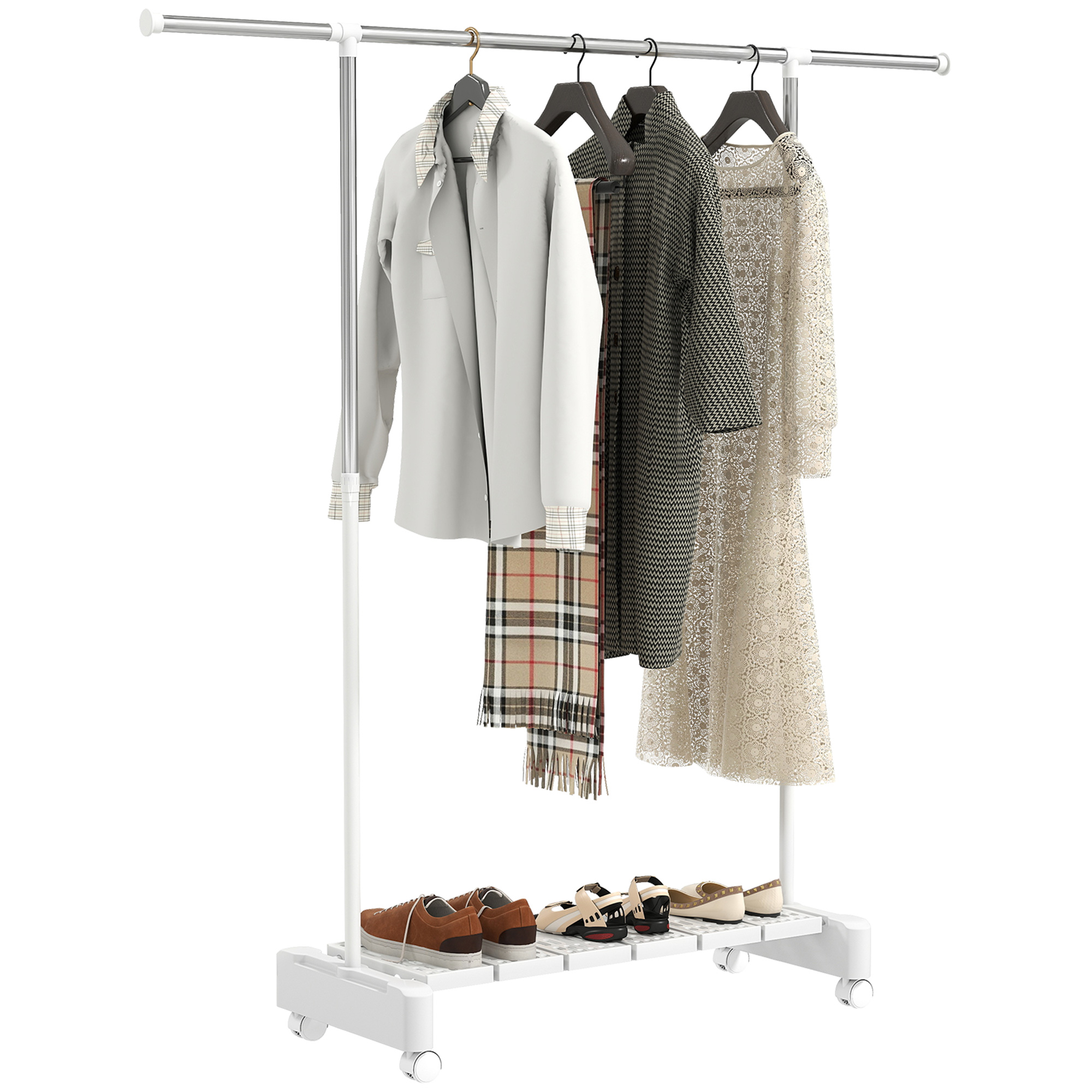 Stendibiancheria con vestiti e scarpe. Abito beige, sciarpa a quadri, cappotto fantasia.