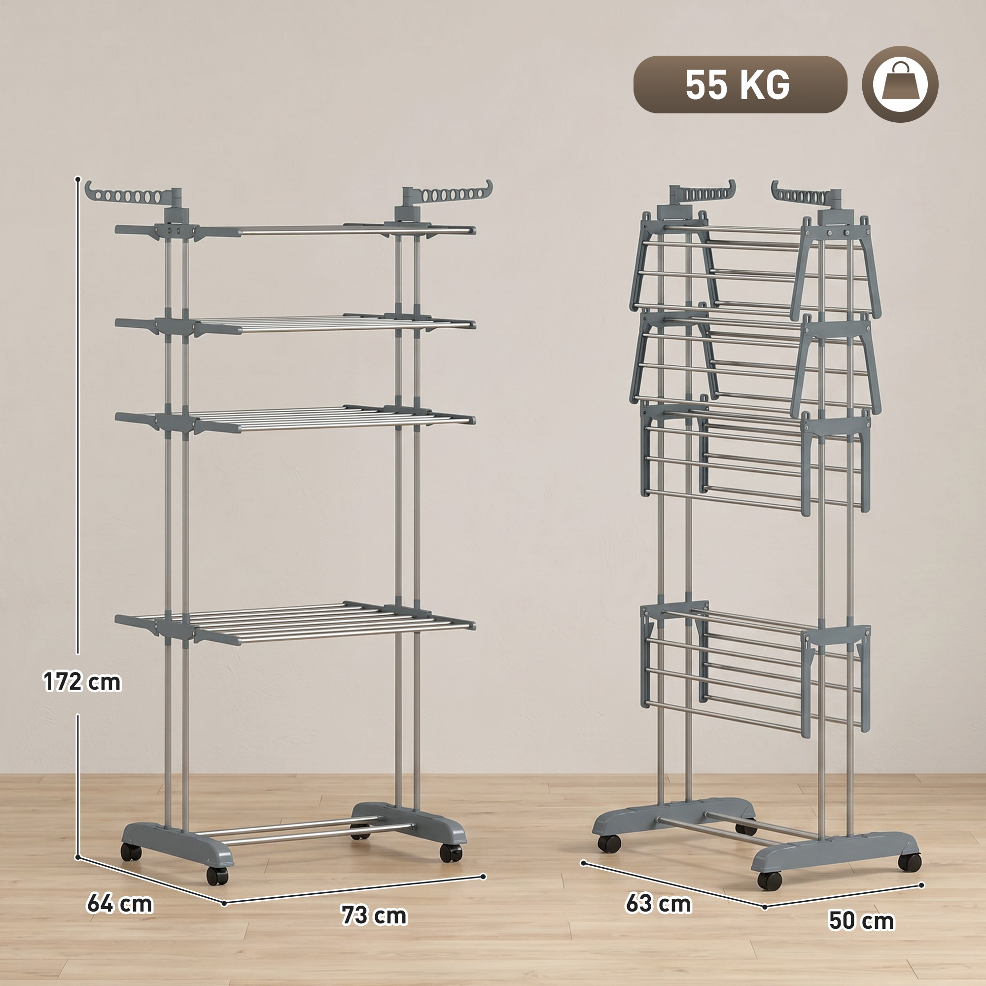 Stendibiancheria grigio a 3 ripiani con ruote, alto 172 cm.
