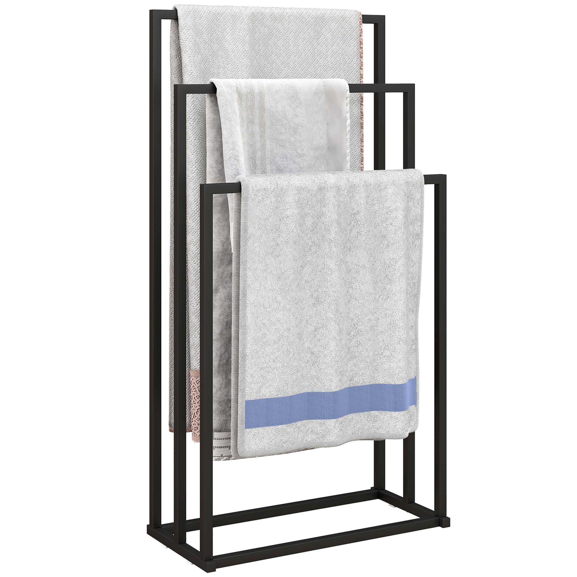 Un porta asciugamani nero con tre asciugamani bianchi, uno a strisce blu.