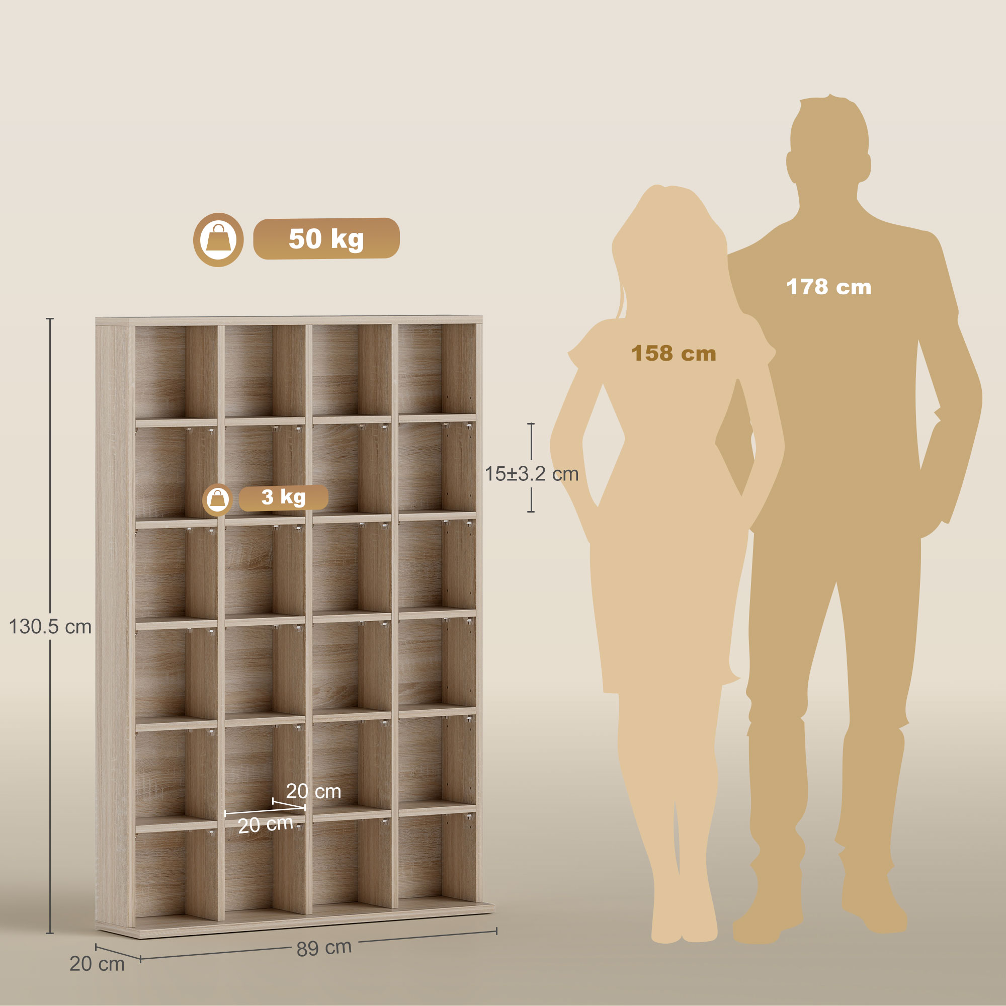 Una scaffalatura marrone chiaro, alta 130,5 cm, larga 89 cm, profonda 20 cm. Con silhouette.