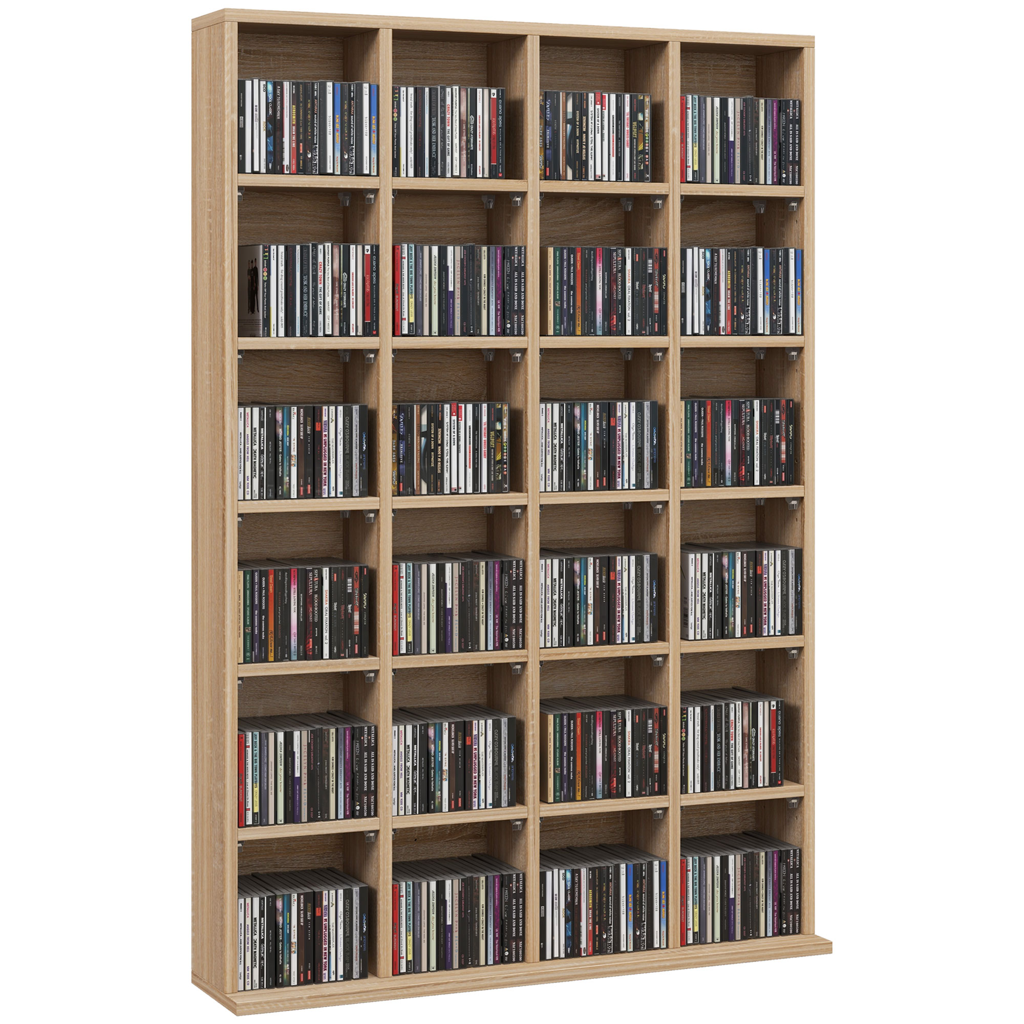 Uno scaffale CD marrone chiaro con molti scomparti, ognuno riempito di CD.
