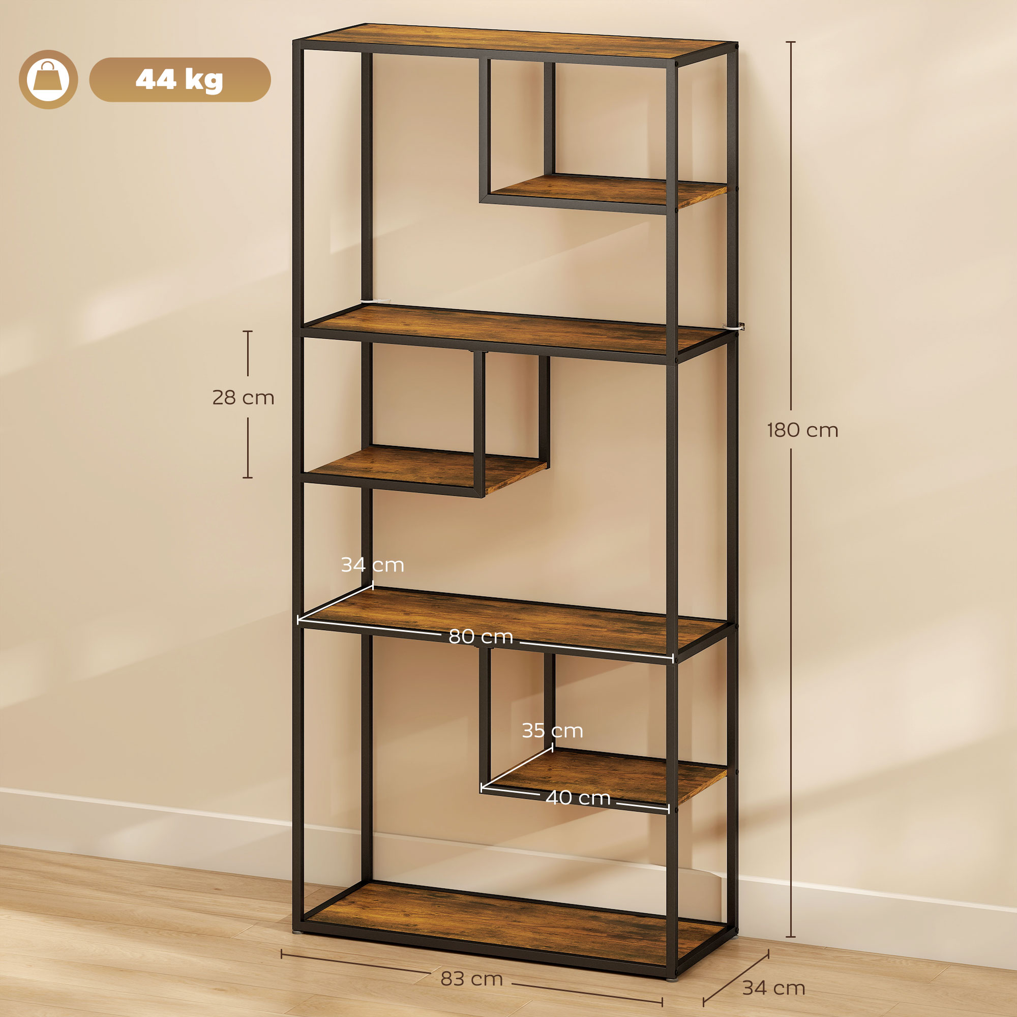 Una libreria marrone con telaio in metallo nero, alta 180 cm.
