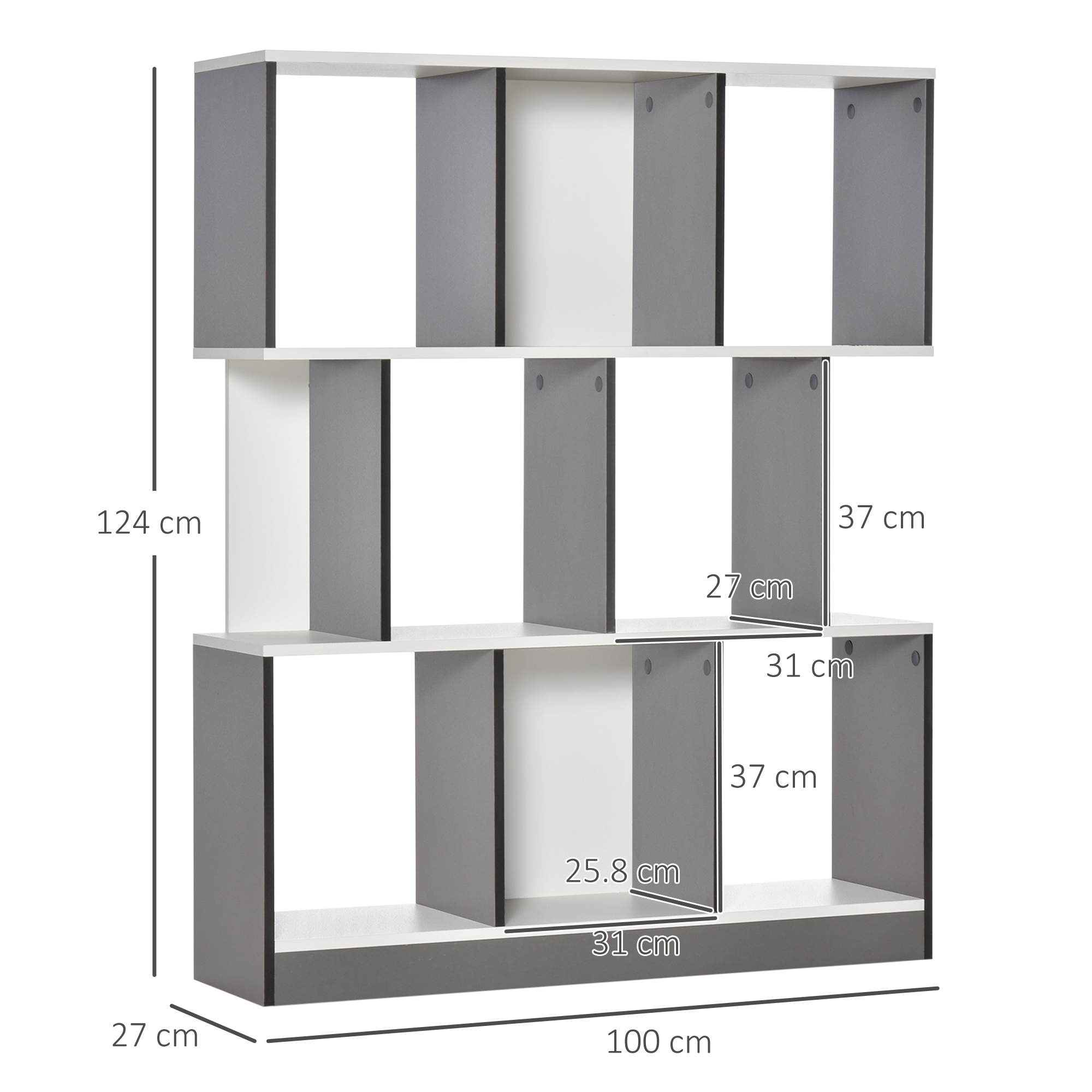 Libreria bianca e grigia 100x27x124cm. Scomparti multipli.