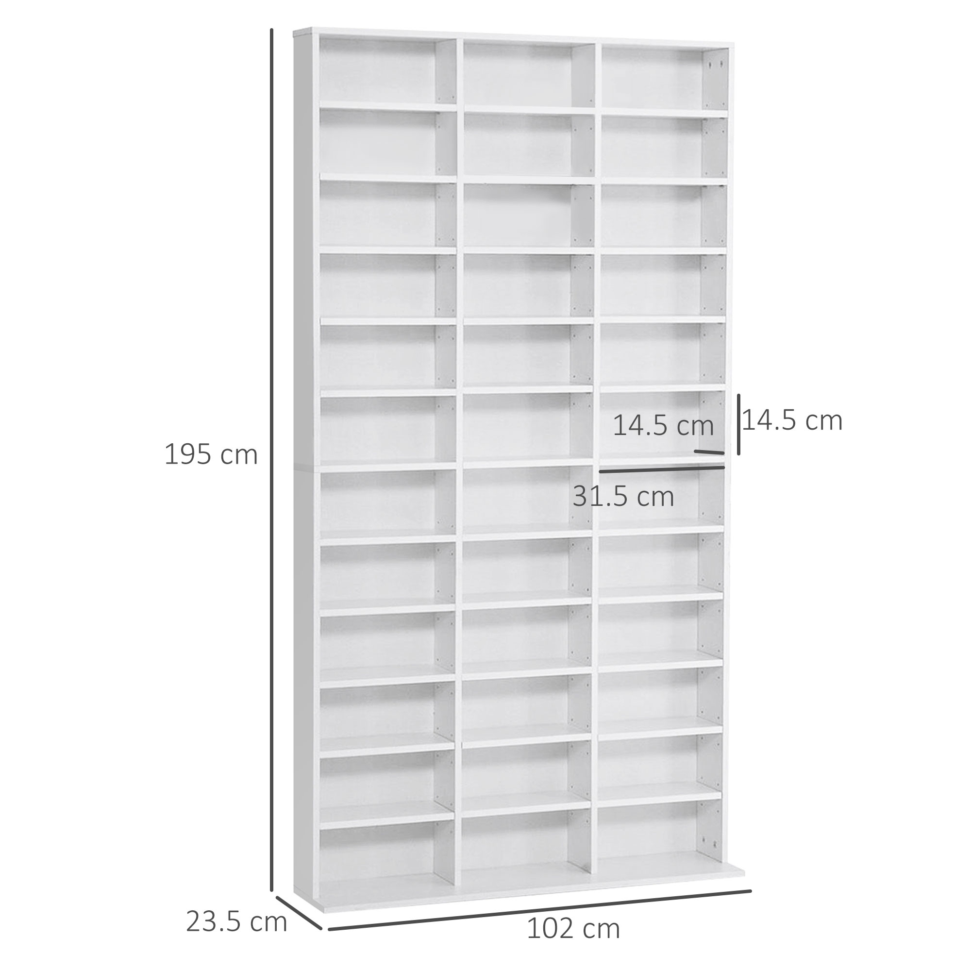 Una libreria bianca con molti scomparti, alta 195 cm e larga 102 cm.