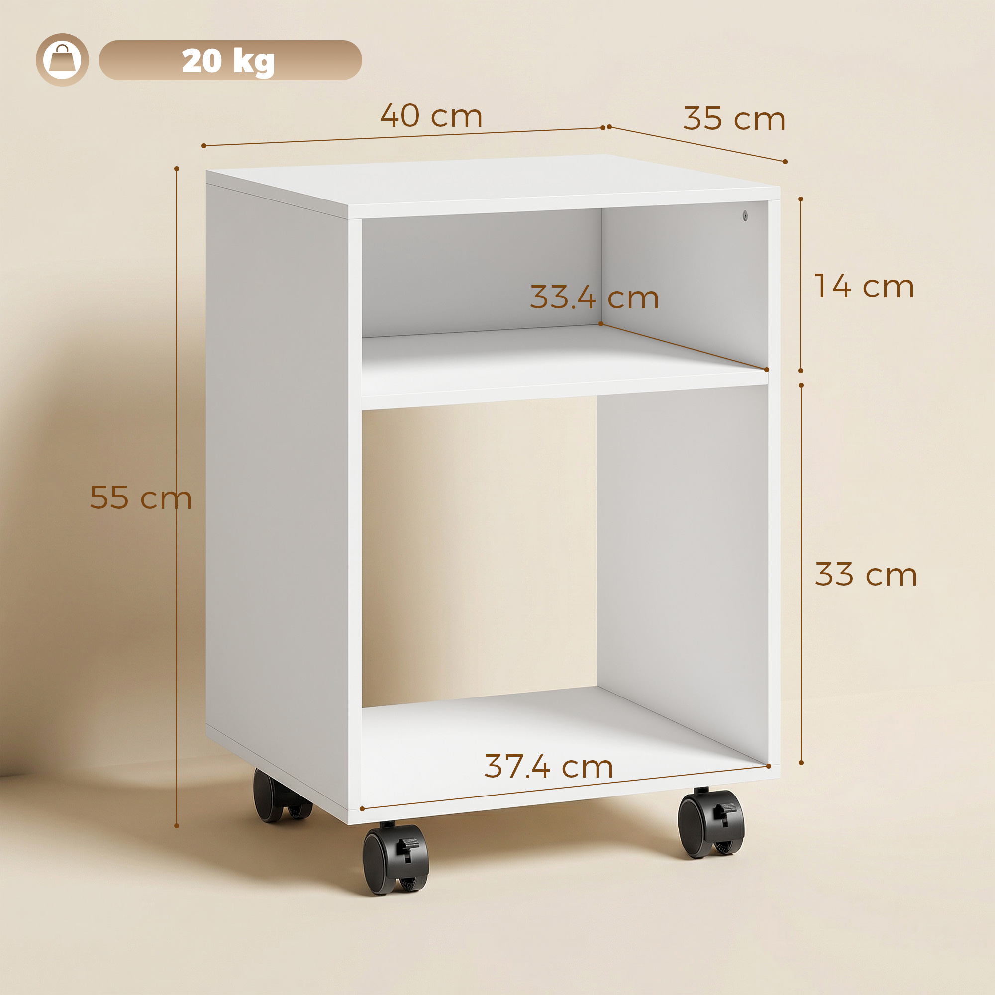 Un mobile bianco con ruote, dimensioni 40x55x35 cm, carico max 20 kg.