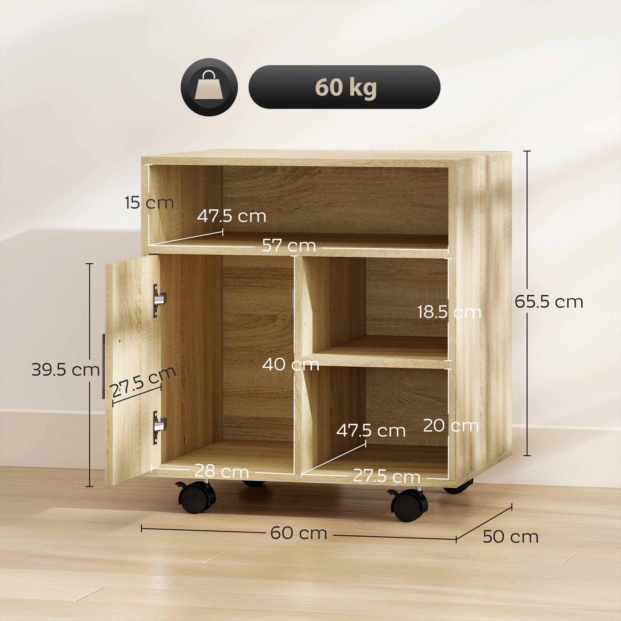 Un mobile in legno su ruote con porta aperta e dimensioni indicate.