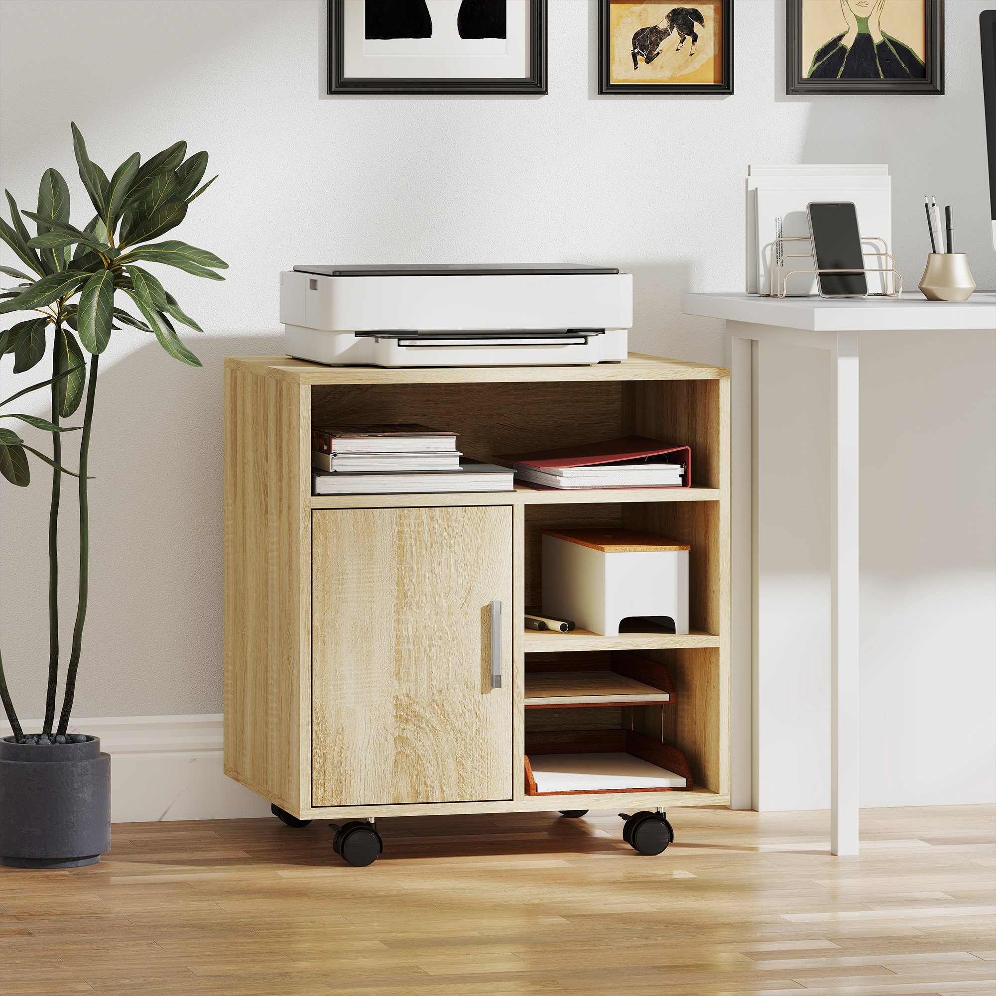 Un mobiletto in legno con stampante, libri e pianta.