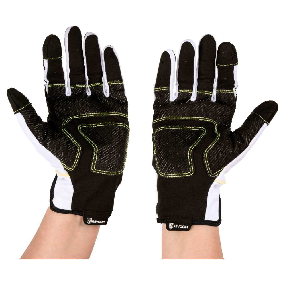 Guantes blancos y negros con costuras verdes y palmas texturizadas.