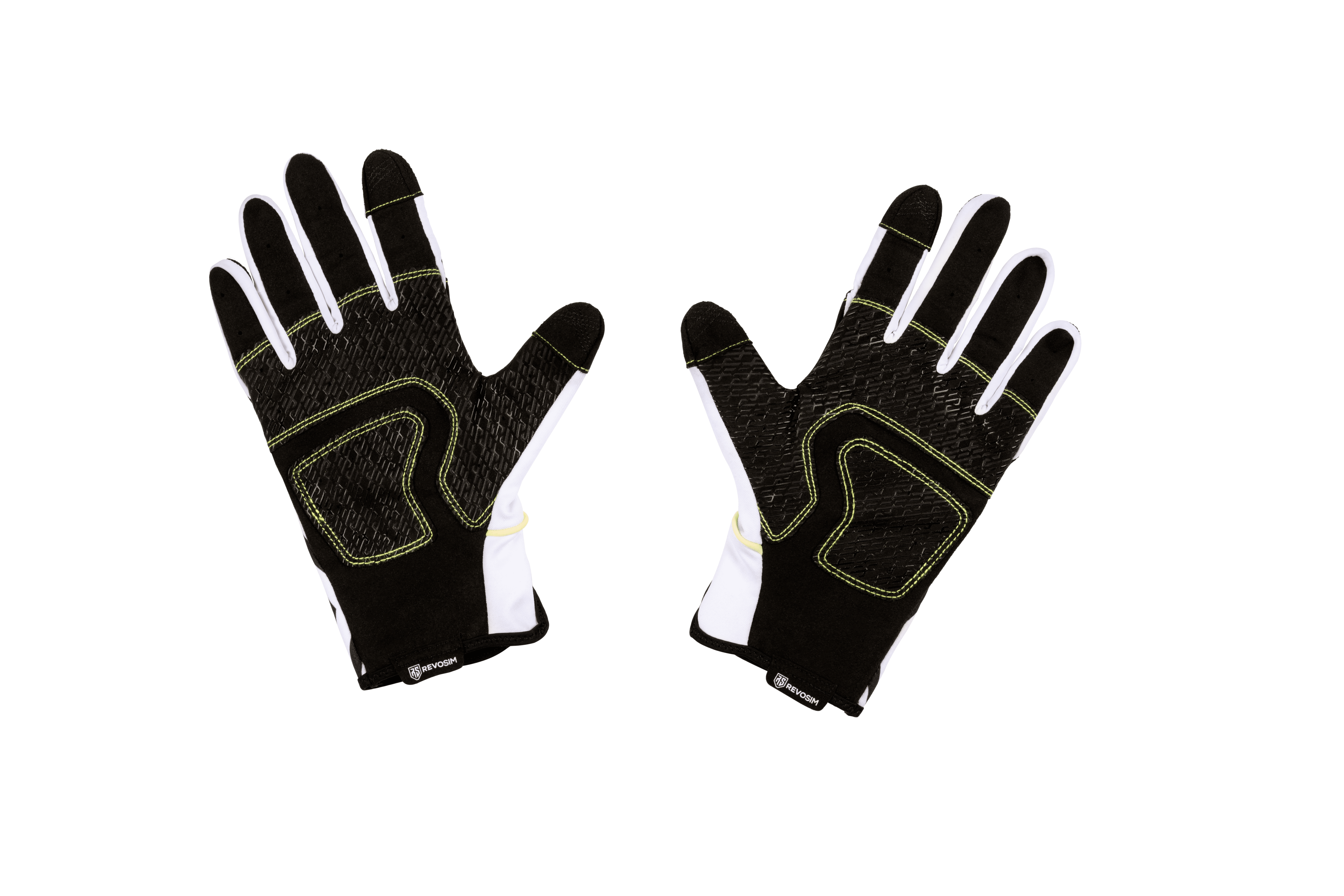 Dos guantes negros con costuras blancas y amarillas sobre fondo negro.