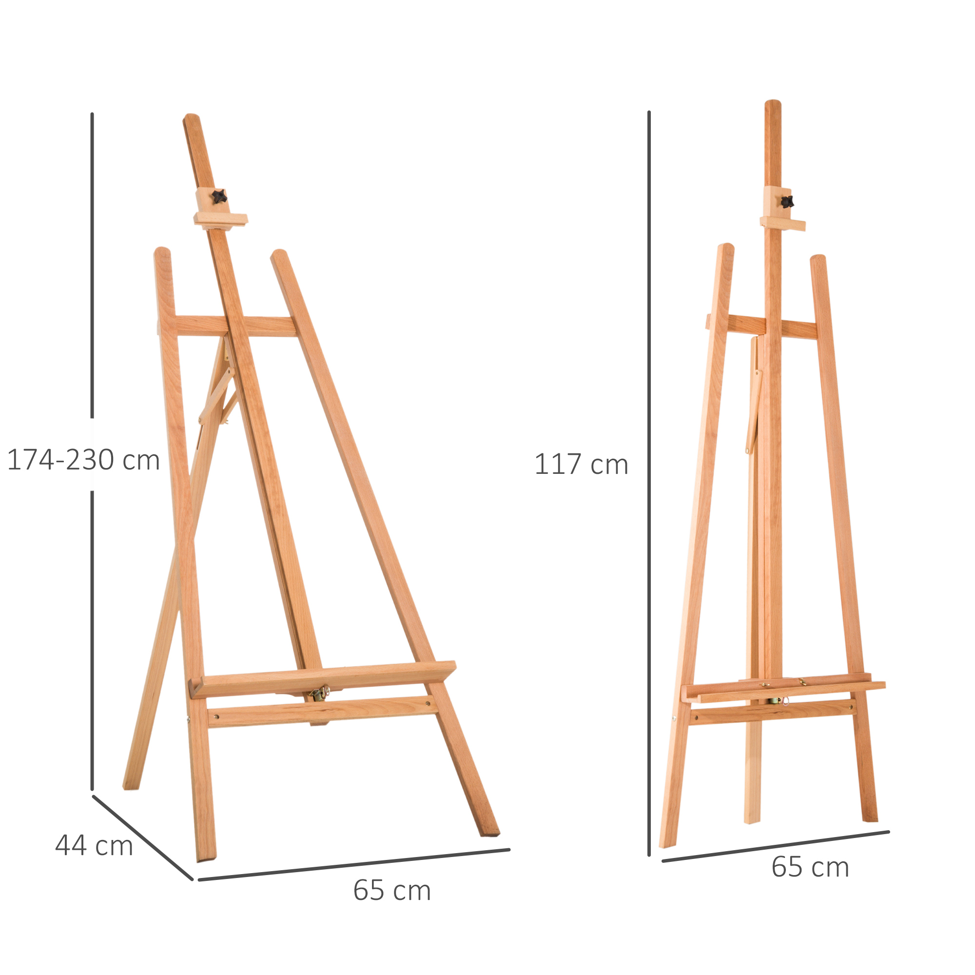 Due cavalletti in legno, uno dritto, uno esteso. Le dimensioni sono mostrate.