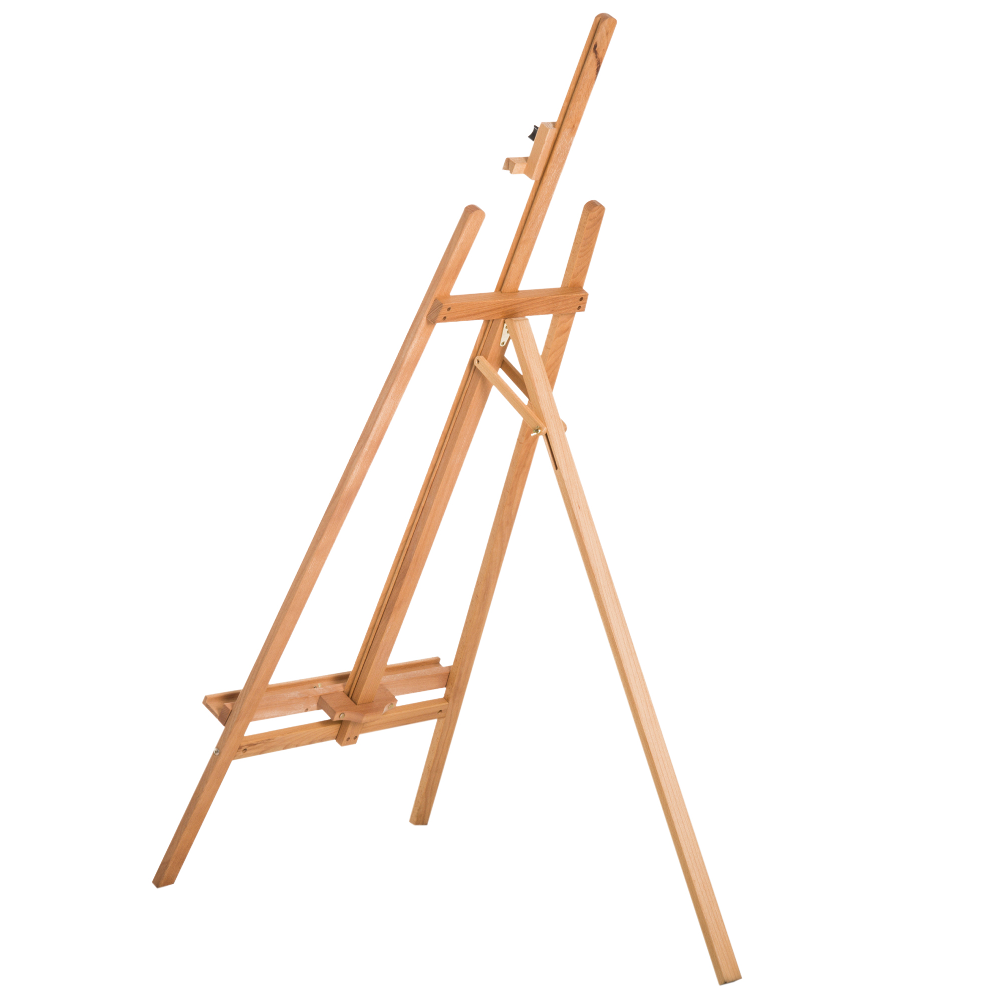 Un cavalletto in legno su sfondo bianco, visto di lato.