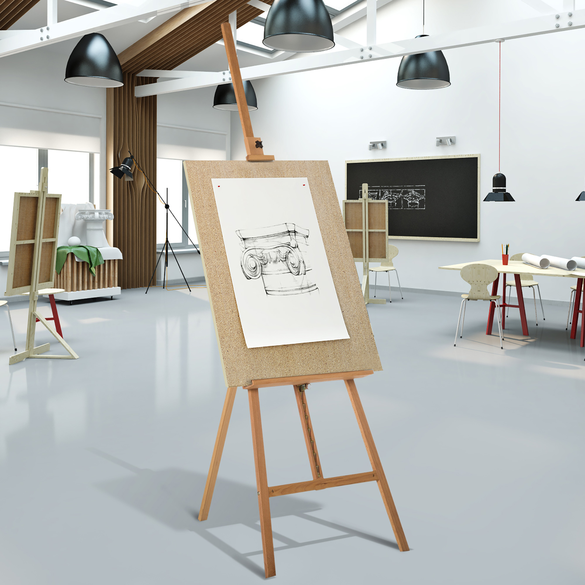Un pannello da disegno con schizzo di colonna su un cavalletto di legno.
