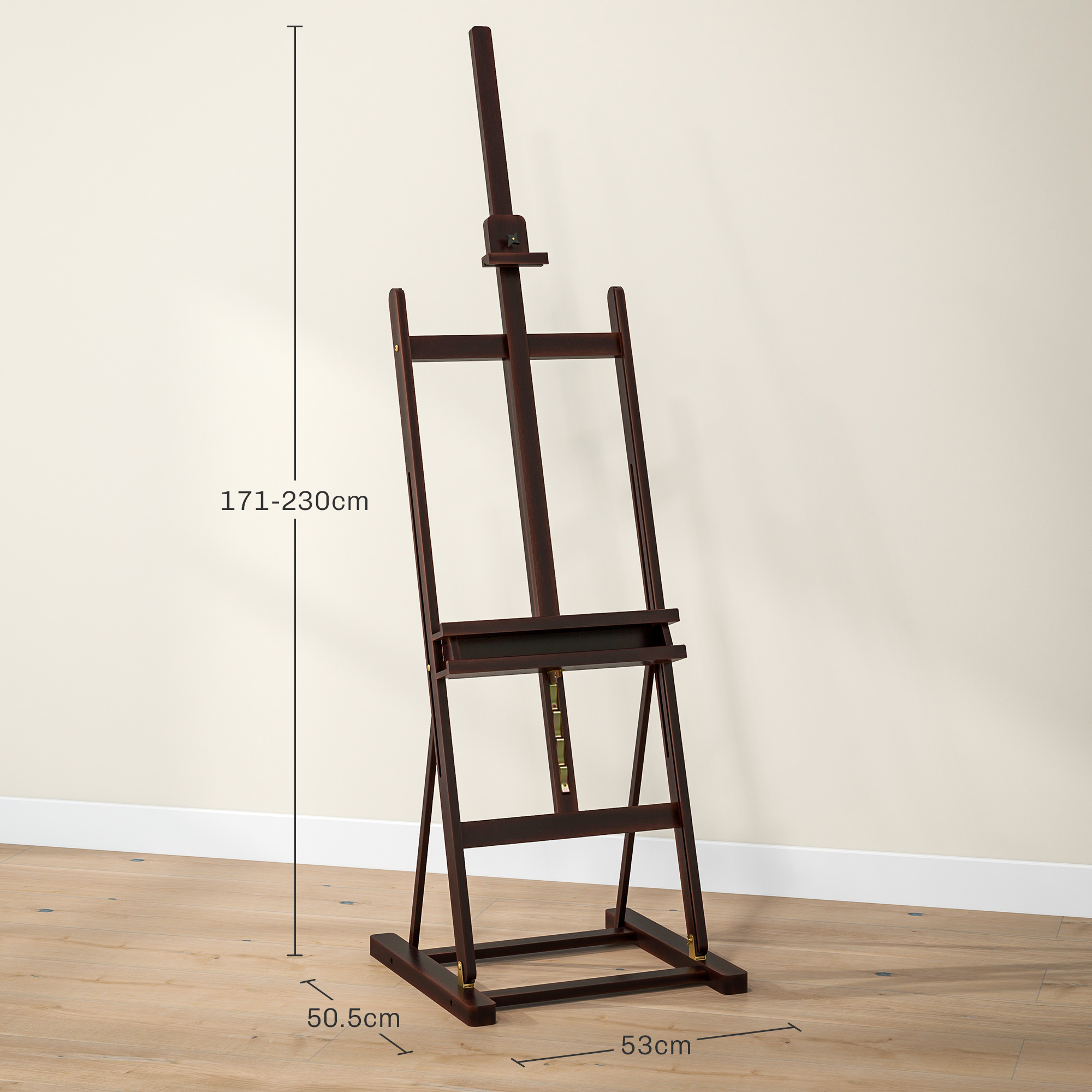 Un cavalletto in legno marrone scuro con dimensioni, su un pavimento in legno.