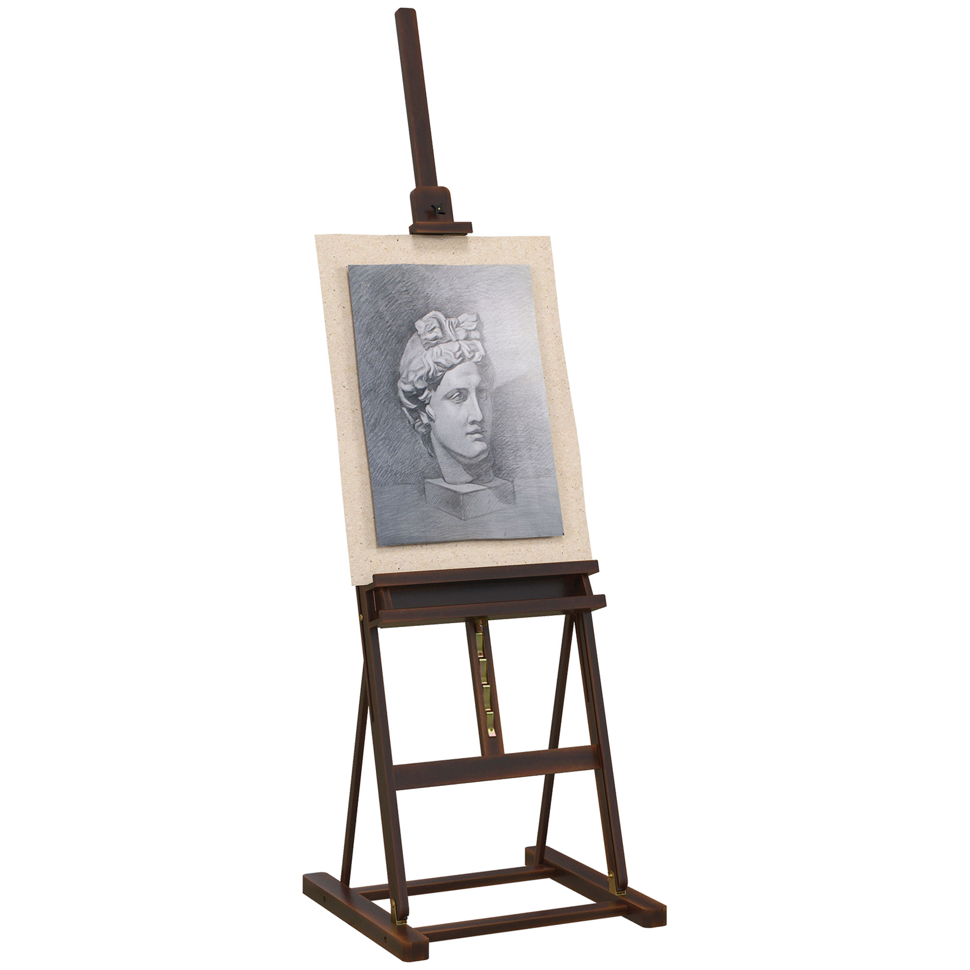 Un cavalletto di legno con un disegno della testa di una statua.