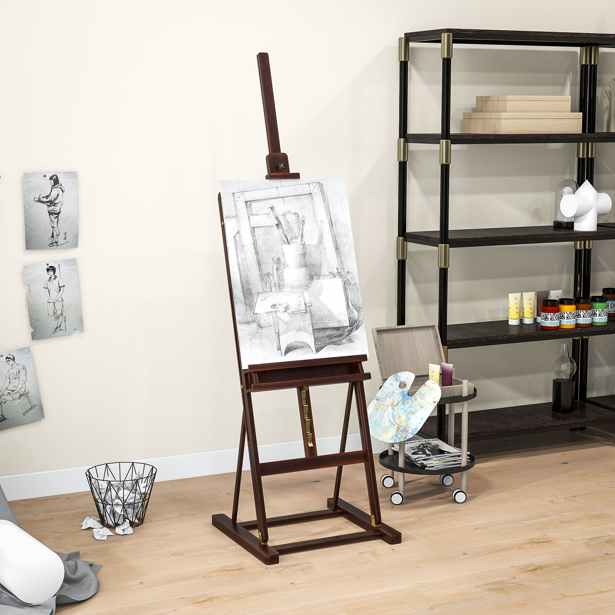 Un cavalletto con un dipinto di natura morta, forniture artistiche e una libreria.