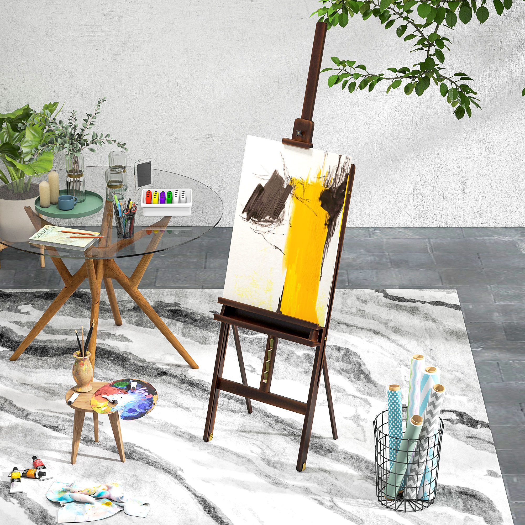 Un cavalletto con un dipinto incompiuto, accanto un tavolo con materiale artistico.