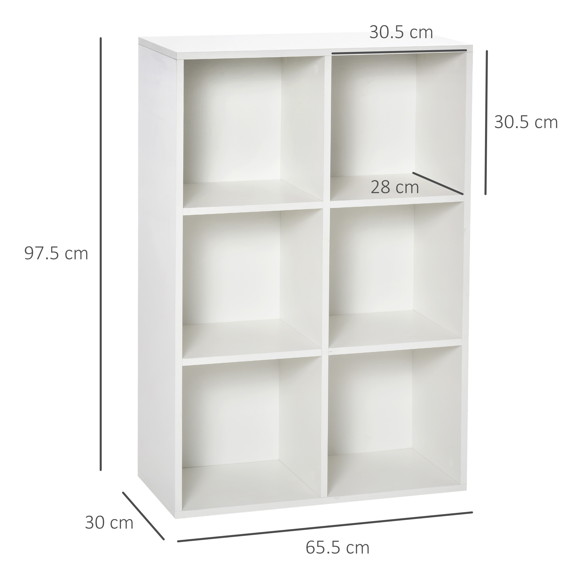 Un mobile bianco a sei cubi con dimensioni indicate.