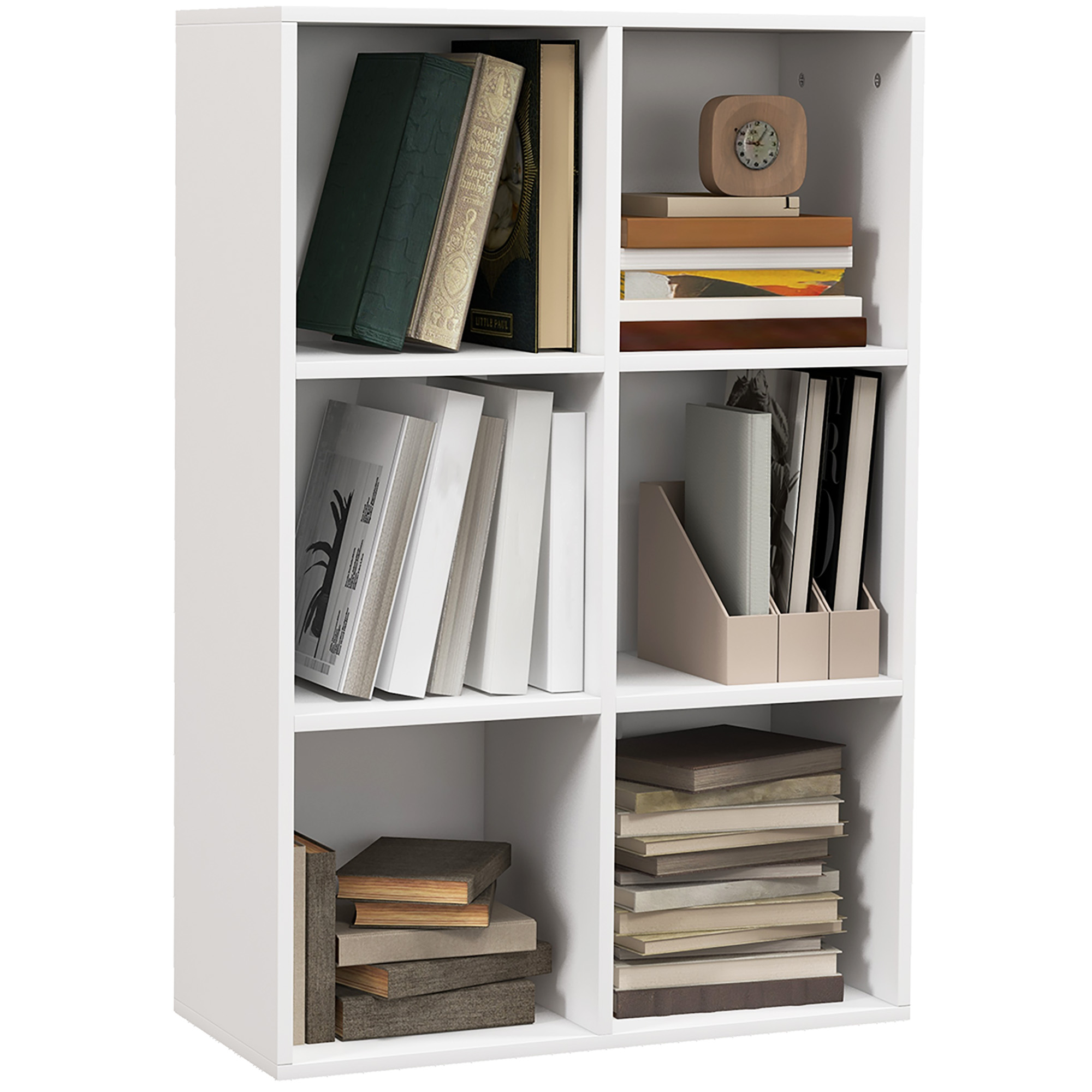 Una libreria bianca a sei cubi piena di libri e oggetti decorativi.