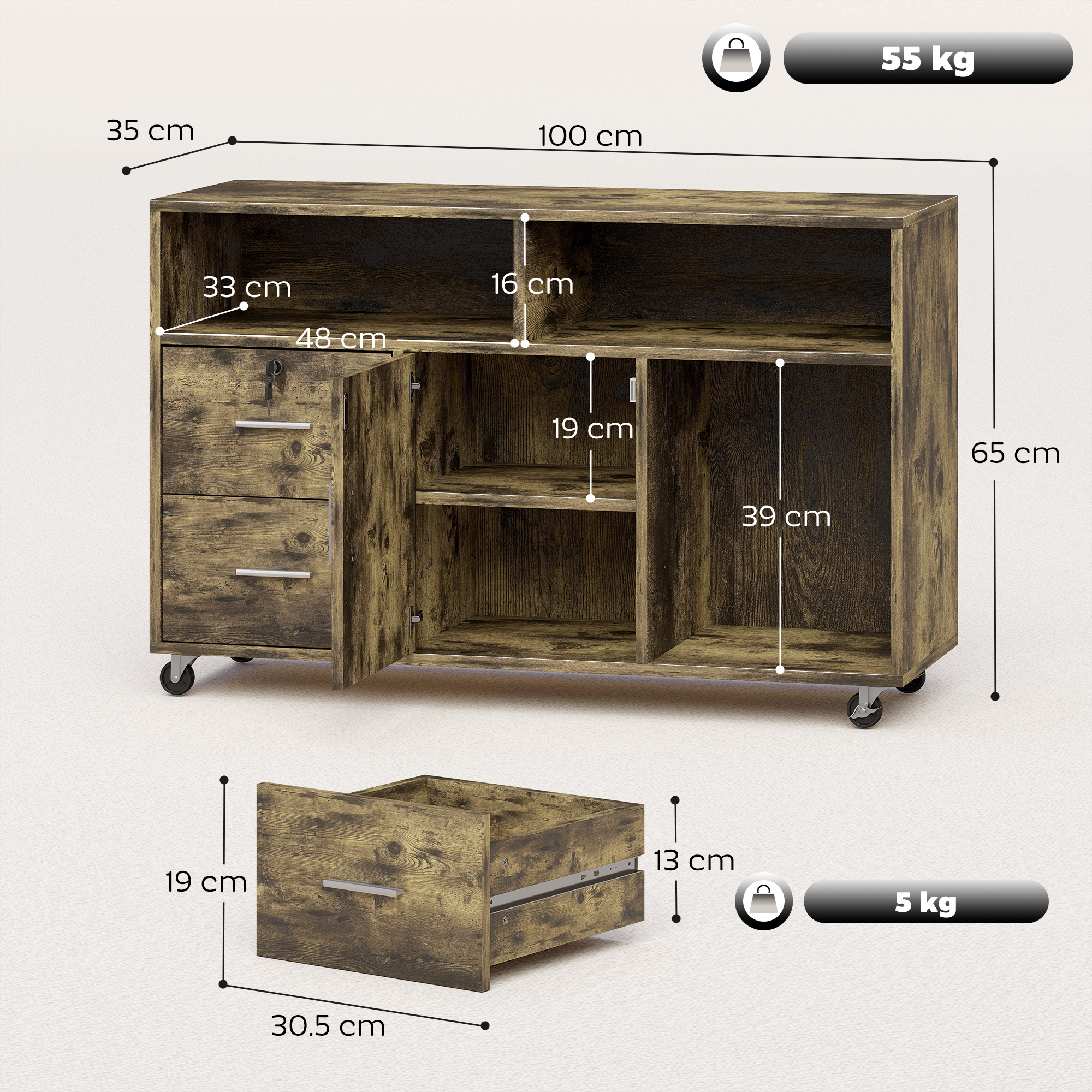 Credenza in legno su ruote, 100x35x65cm, carico 55kg, con cassetti e ripiani.