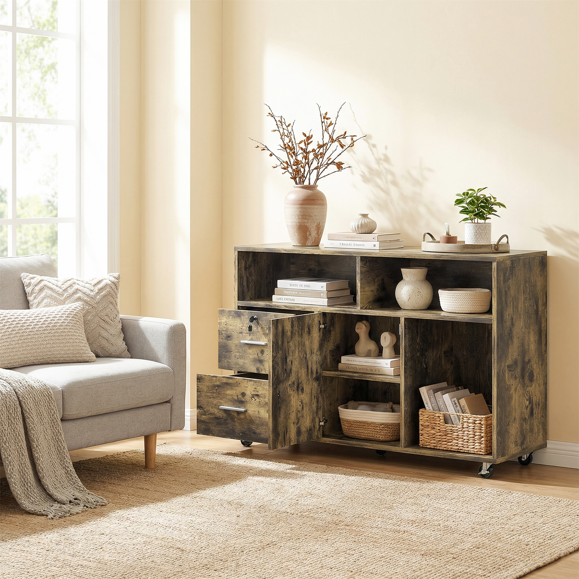 Un divano con cuscini e coperta accanto a un mobile in legno con ripiani aperti.