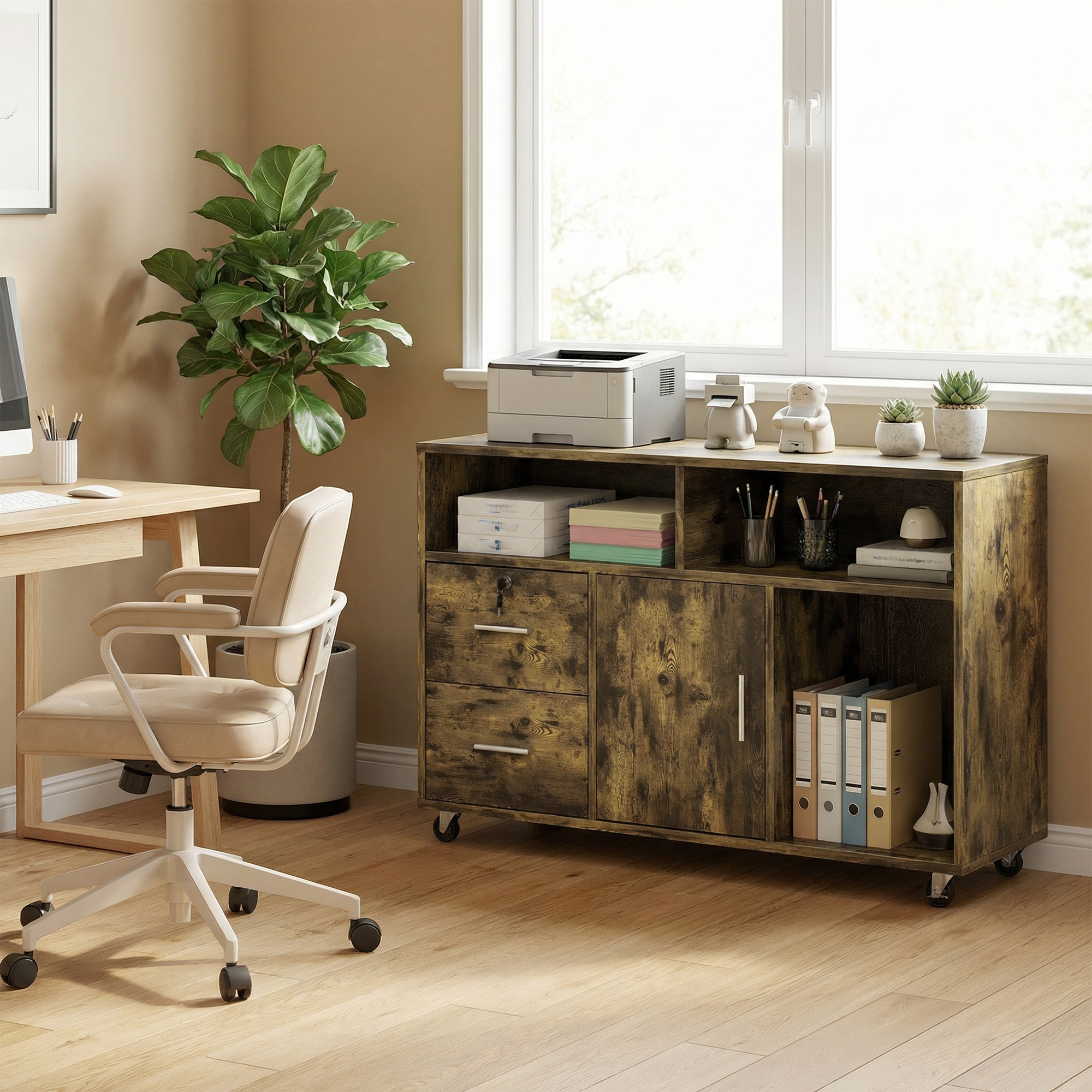 Ambiente d'ufficio con scrivania, sedia, schedario, stampante e pianta.