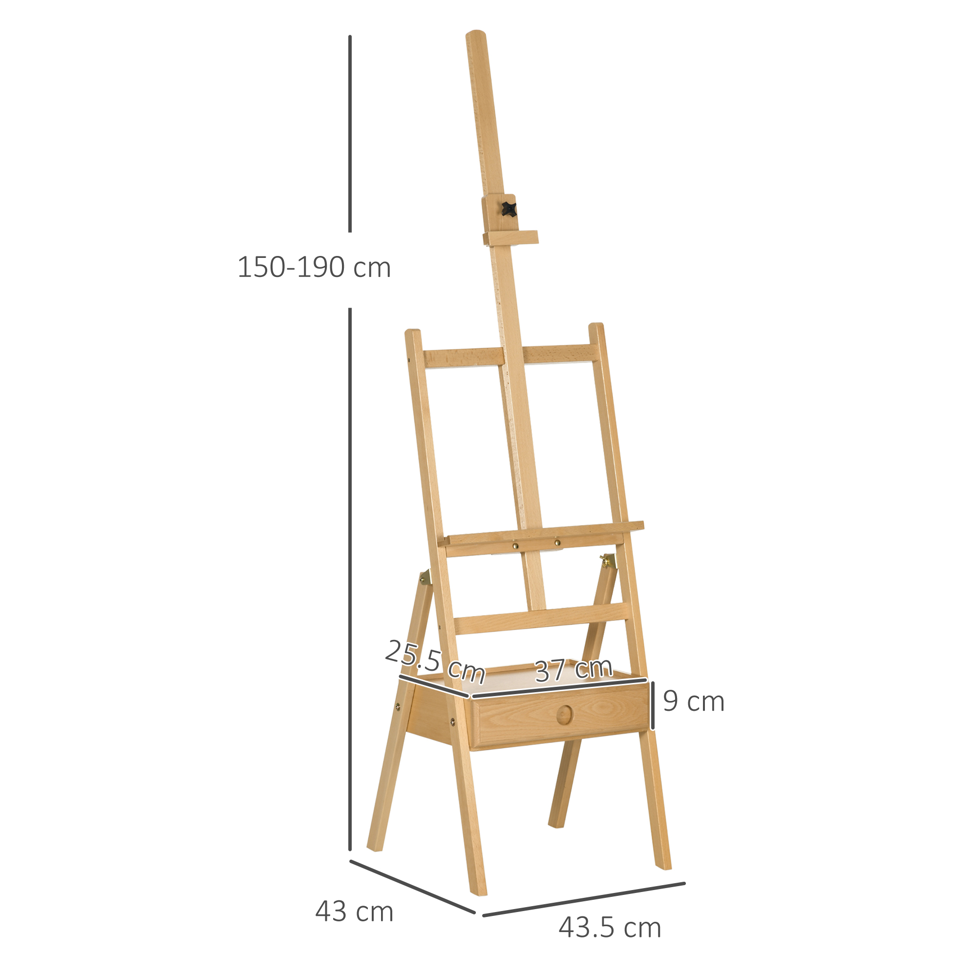 Un cavalletto in legno con cassetto, altezza 150-190 cm.