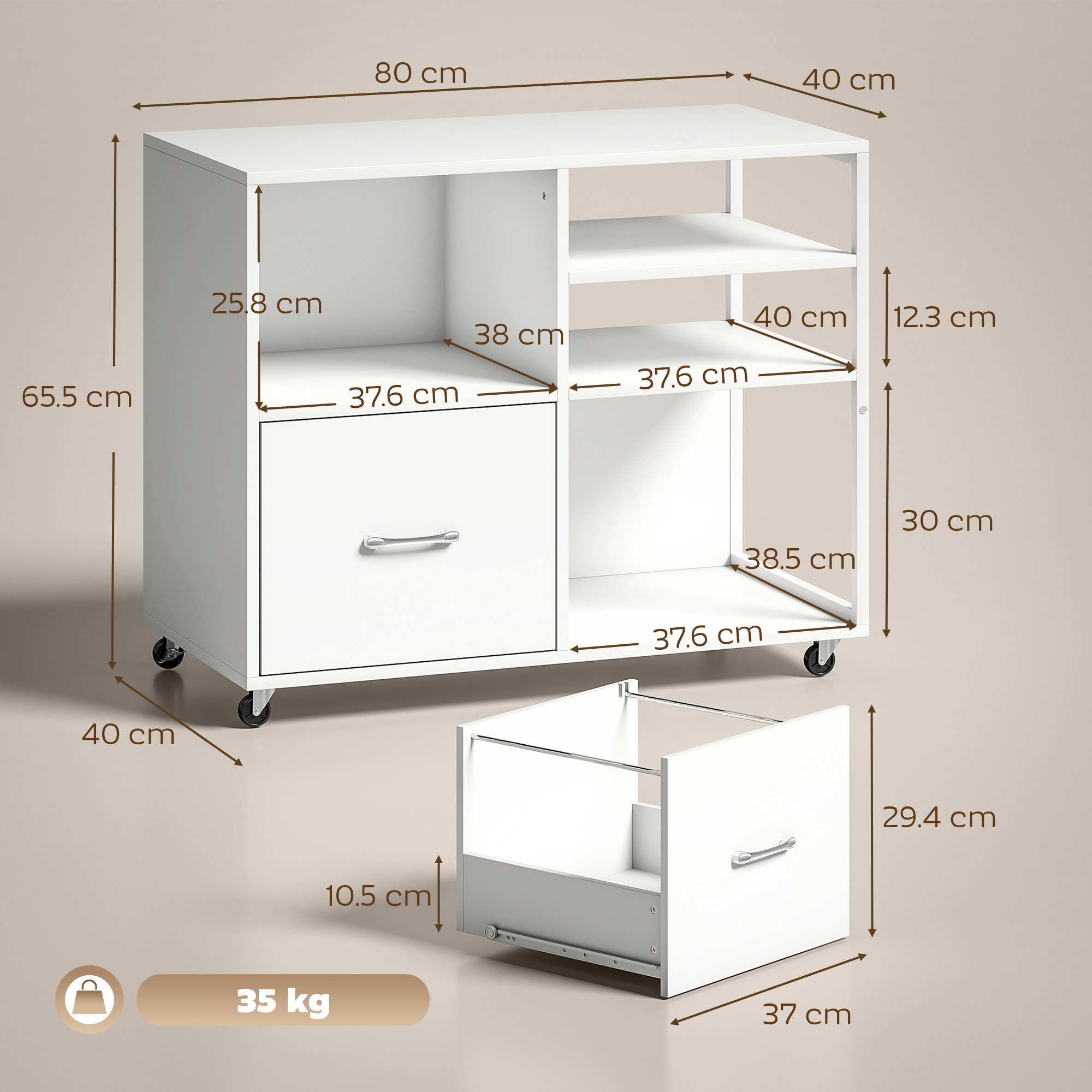 Mobile bianco su ruote con cassetto e ripiani. Dimensioni indicate.
