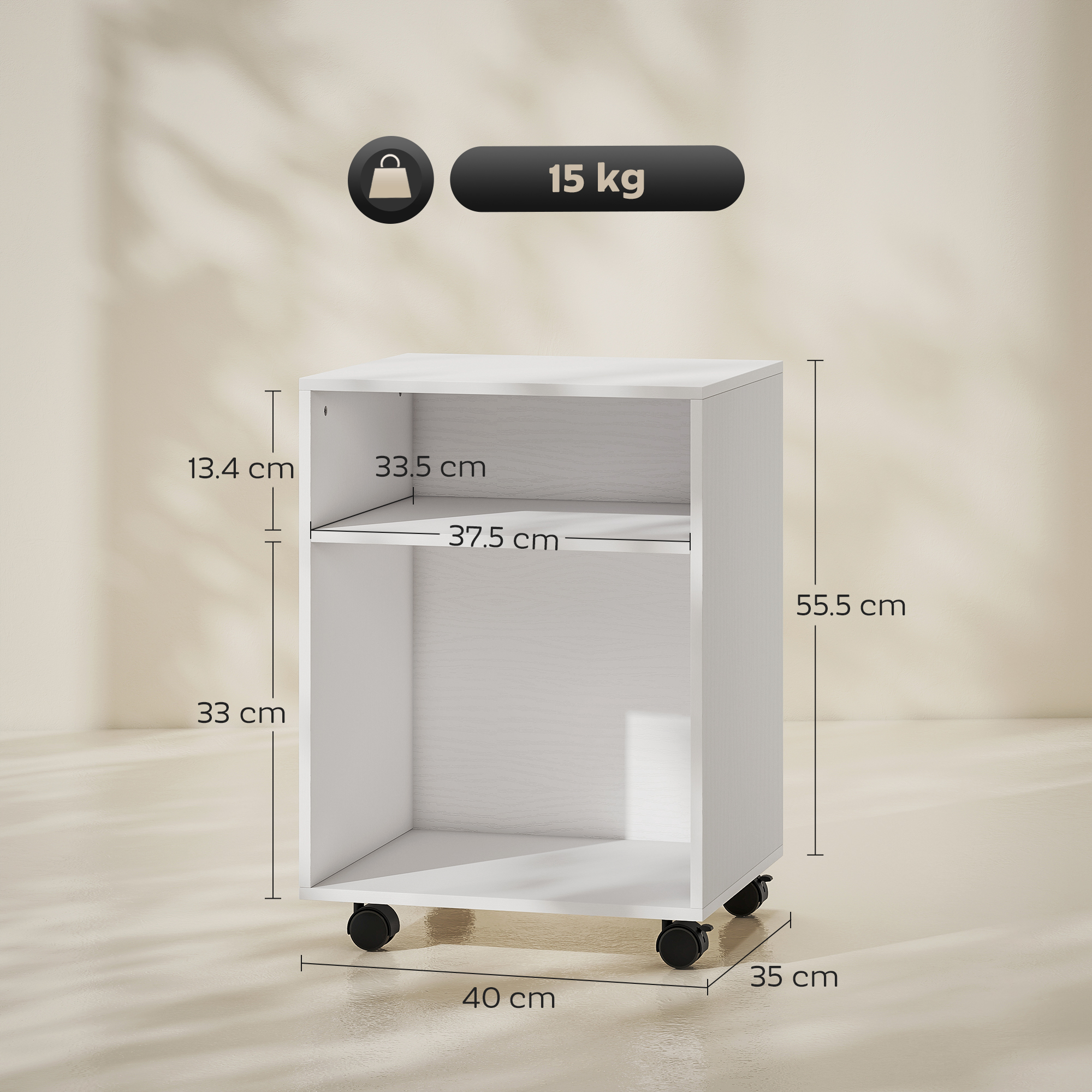 Un carrello bianco su ruote con due ripiani, dimensioni 40x35x55,5 cm.