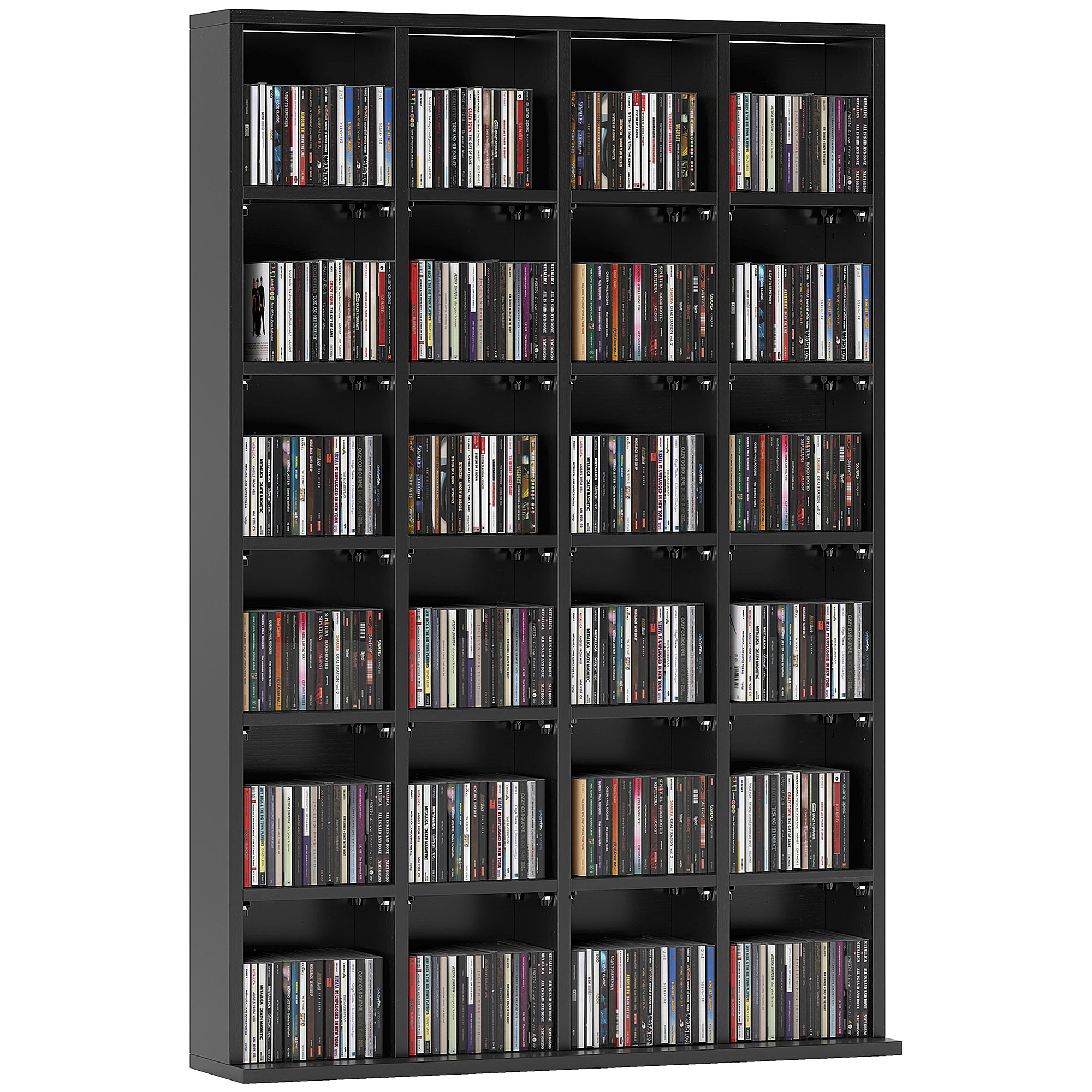 Scaffale nero con numerosi CD, diviso in 25 scomparti.