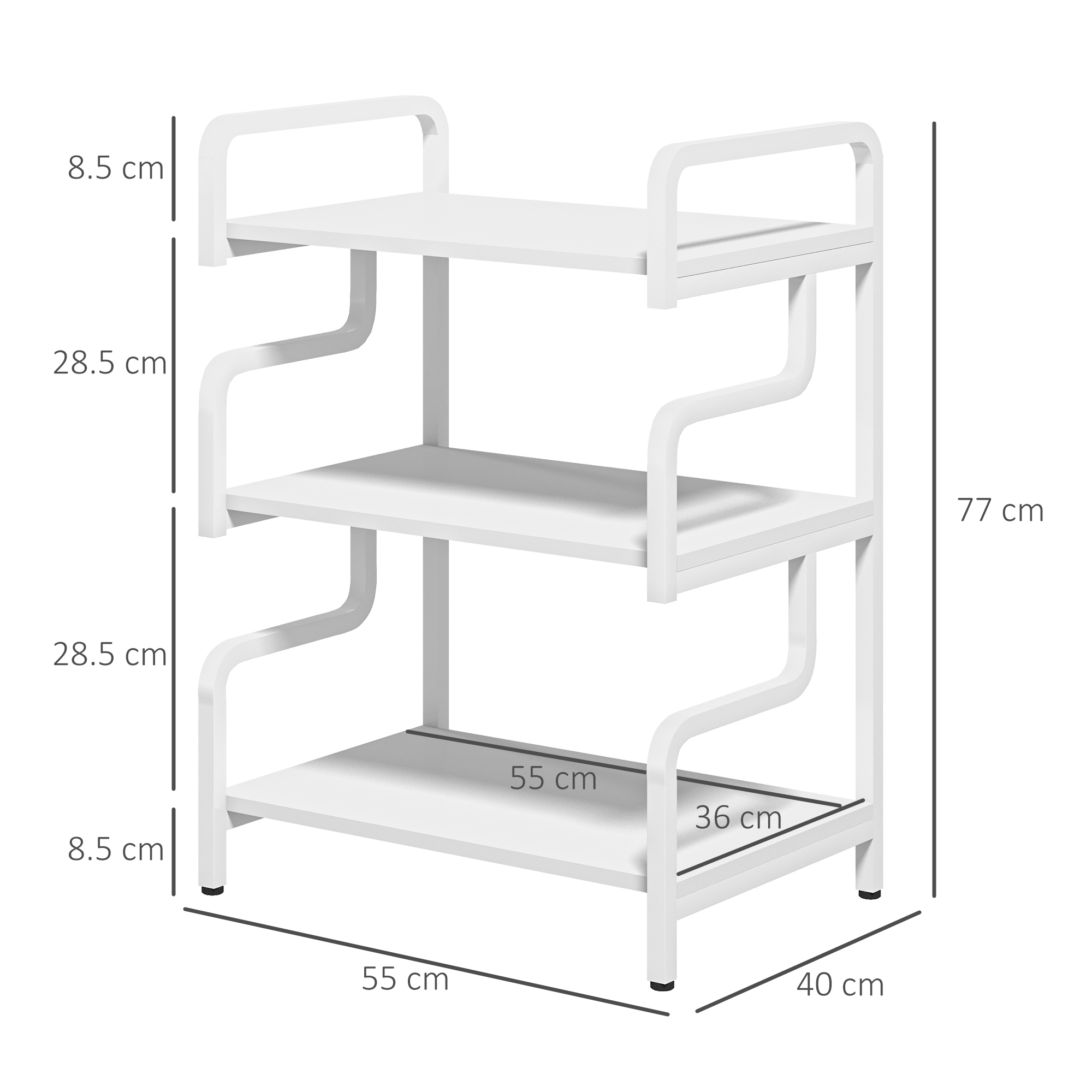 Un mobile bianco a tre ripiani con dimensioni indicate. Altezza 77cm, larghezza 55cm, profondità 40cm.
