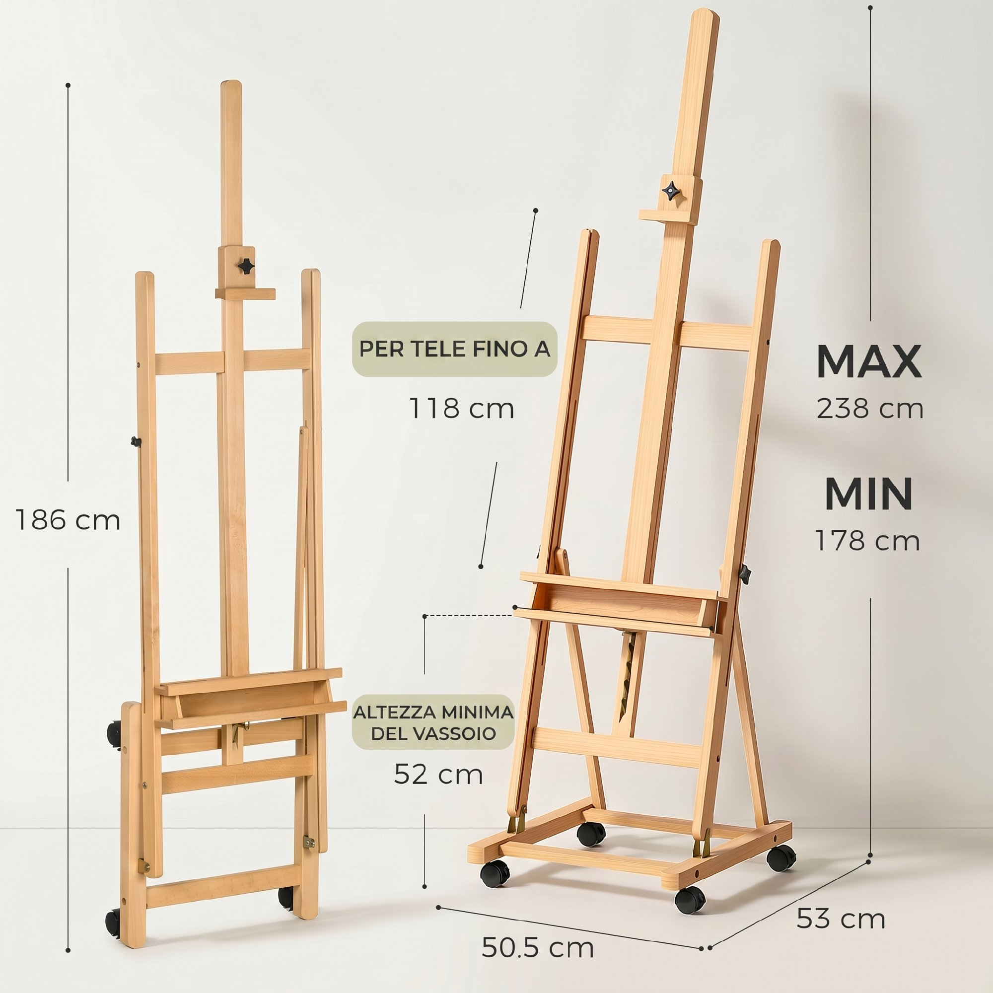 Due cavalletti in legno con ruote, uno piegato, con dimensioni.