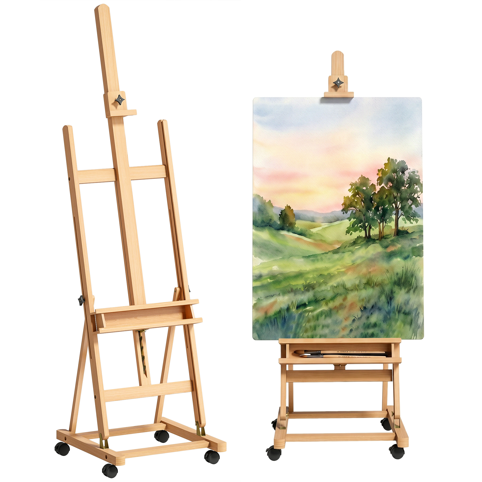 Un cavalletto di legno che espone un dipinto ad acquerello di un paesaggio con alberi e colline al tramonto.