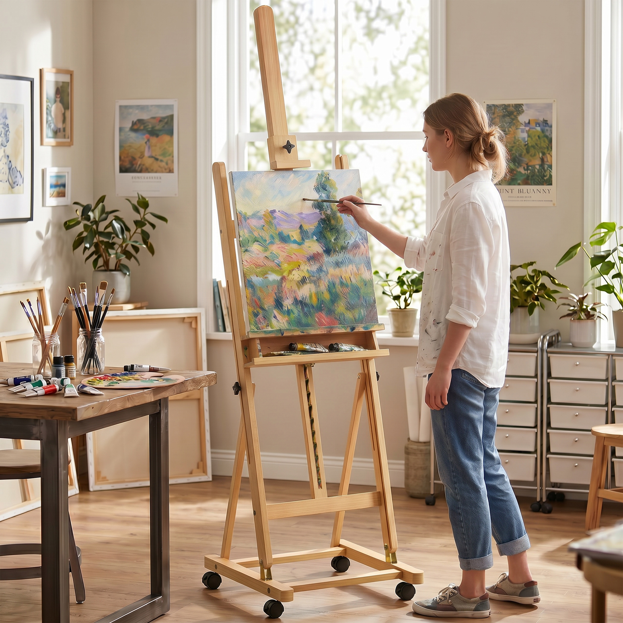 Una donna dipinge un quadro colorato su un cavalletto in un luminoso studio d'arte.