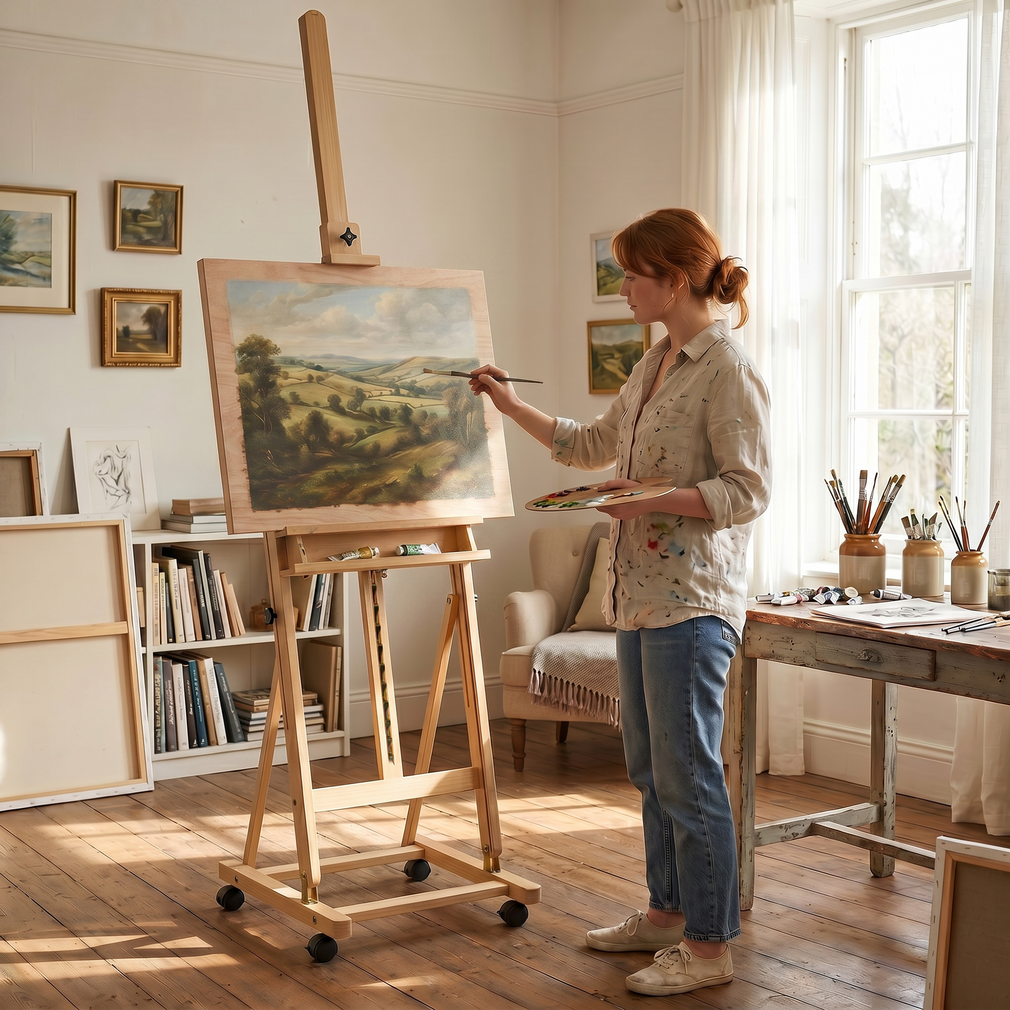 Una donna dipinge un paesaggio su un cavalletto in uno studio luminoso con libri e finestre.