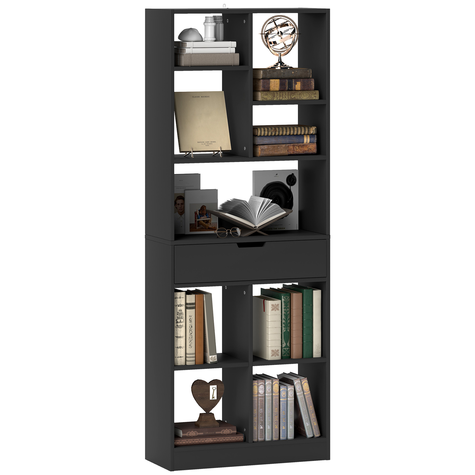 Una libreria nera con libri, una lampada, un mappamondo e decorazioni a forma di cuore.