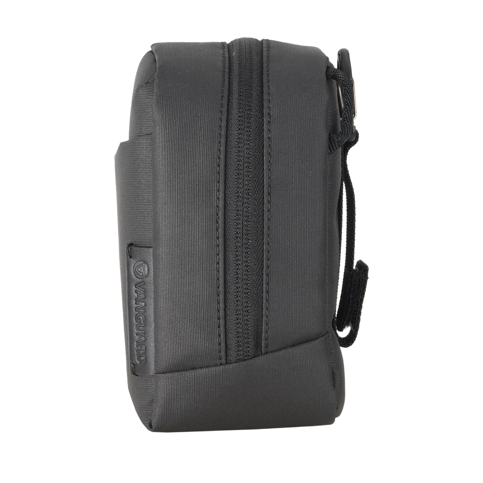 Una bolsa de cámara negra con cremallera y mosquetón.