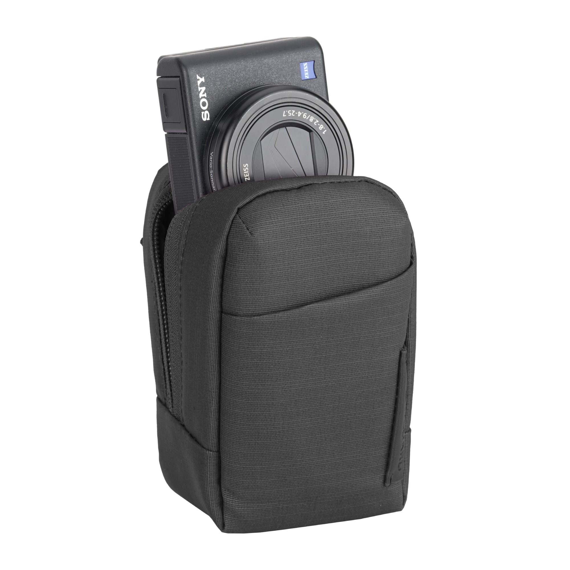 Una bolsa de cámara negra con una cámara Sony parcialmente insertada.