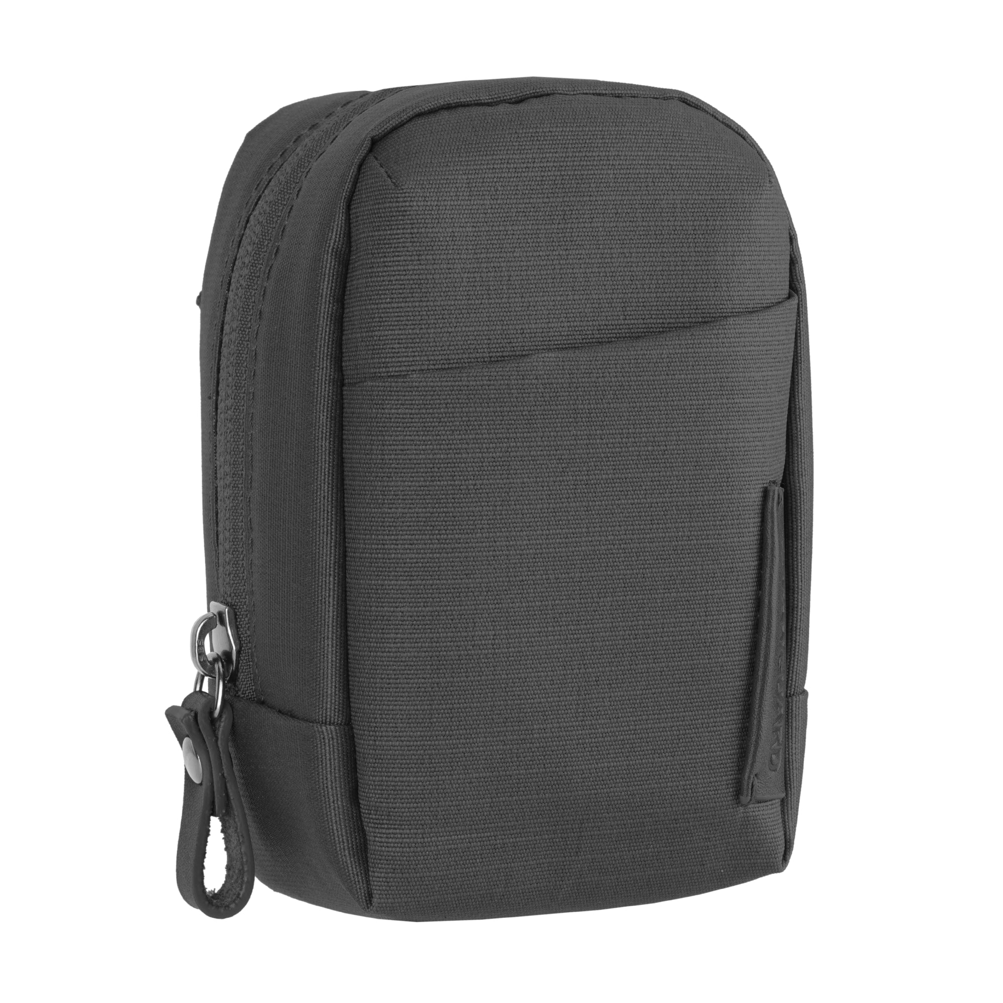 Una bolsa rectangular oscura con cremallera y tirador.