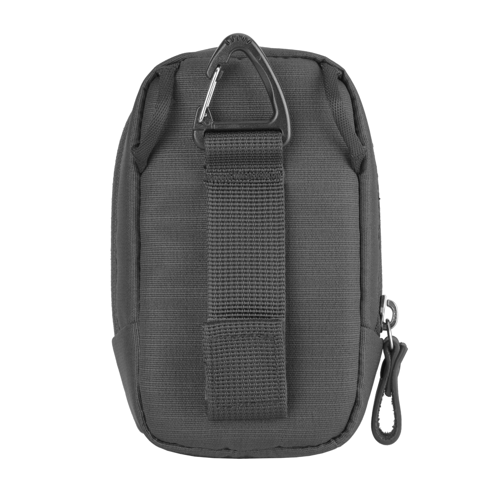 Una bolsa de tela gris con un mosquetón y un tirador de cremallera.