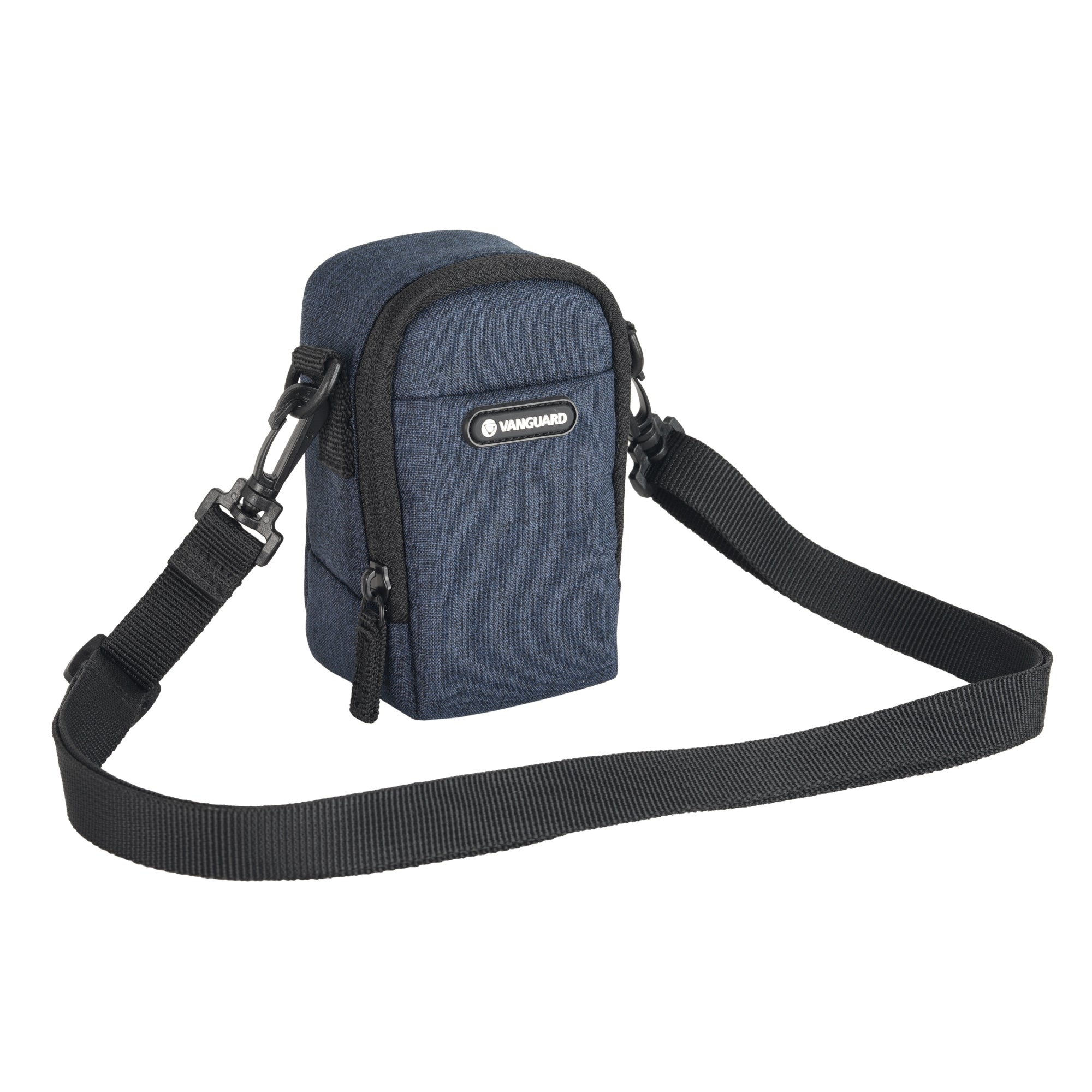 Una bolsa azul oscuro con correa y cremallera negras.
