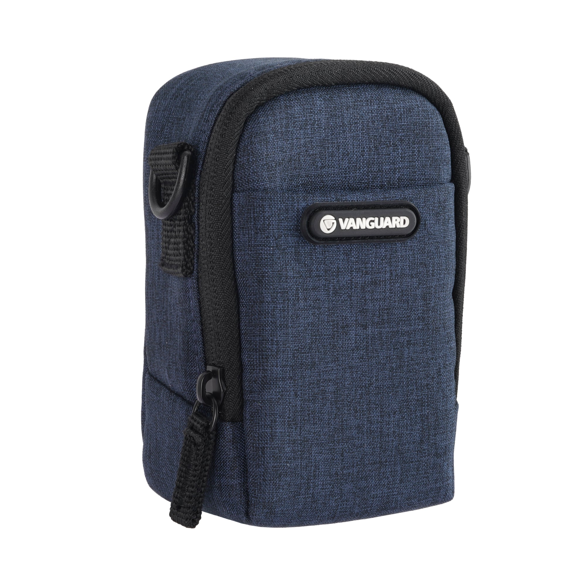 Bolso de cámara azul oscuro con cremallera negra y logo VANGUARD.