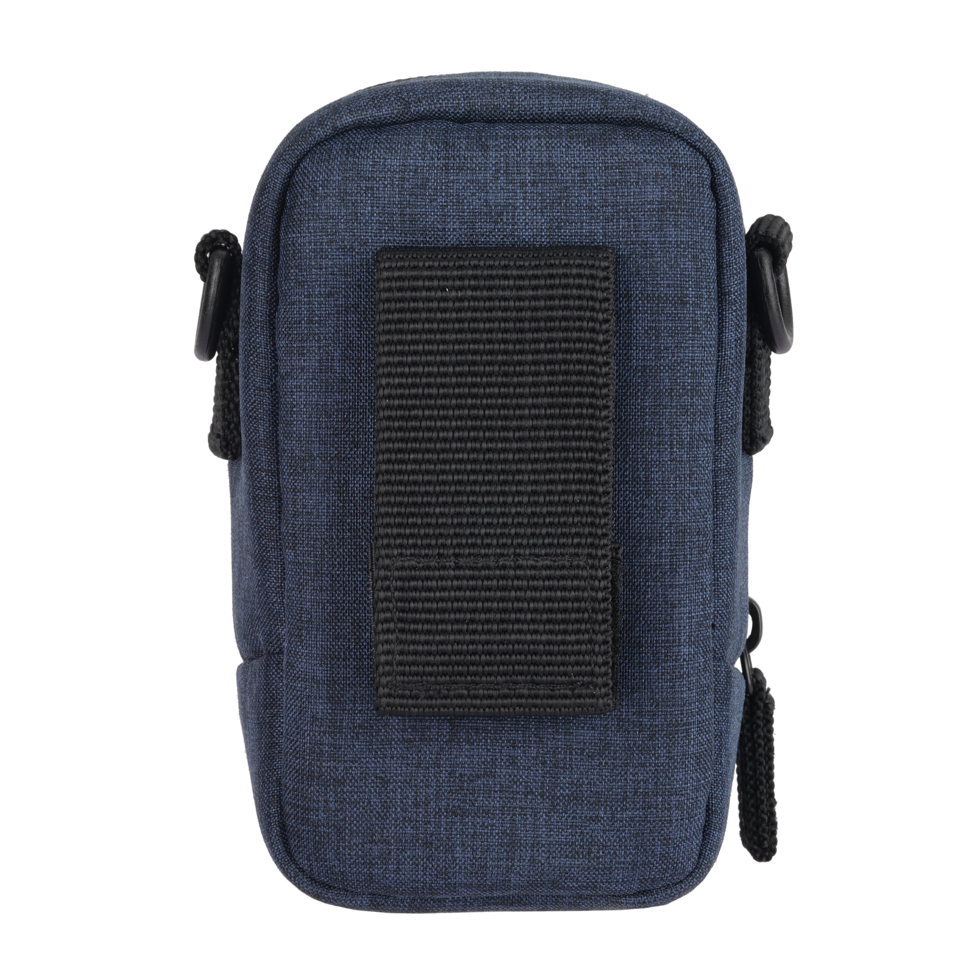 Bolso azul pequeño con trabilla negra para cinturón y asa.