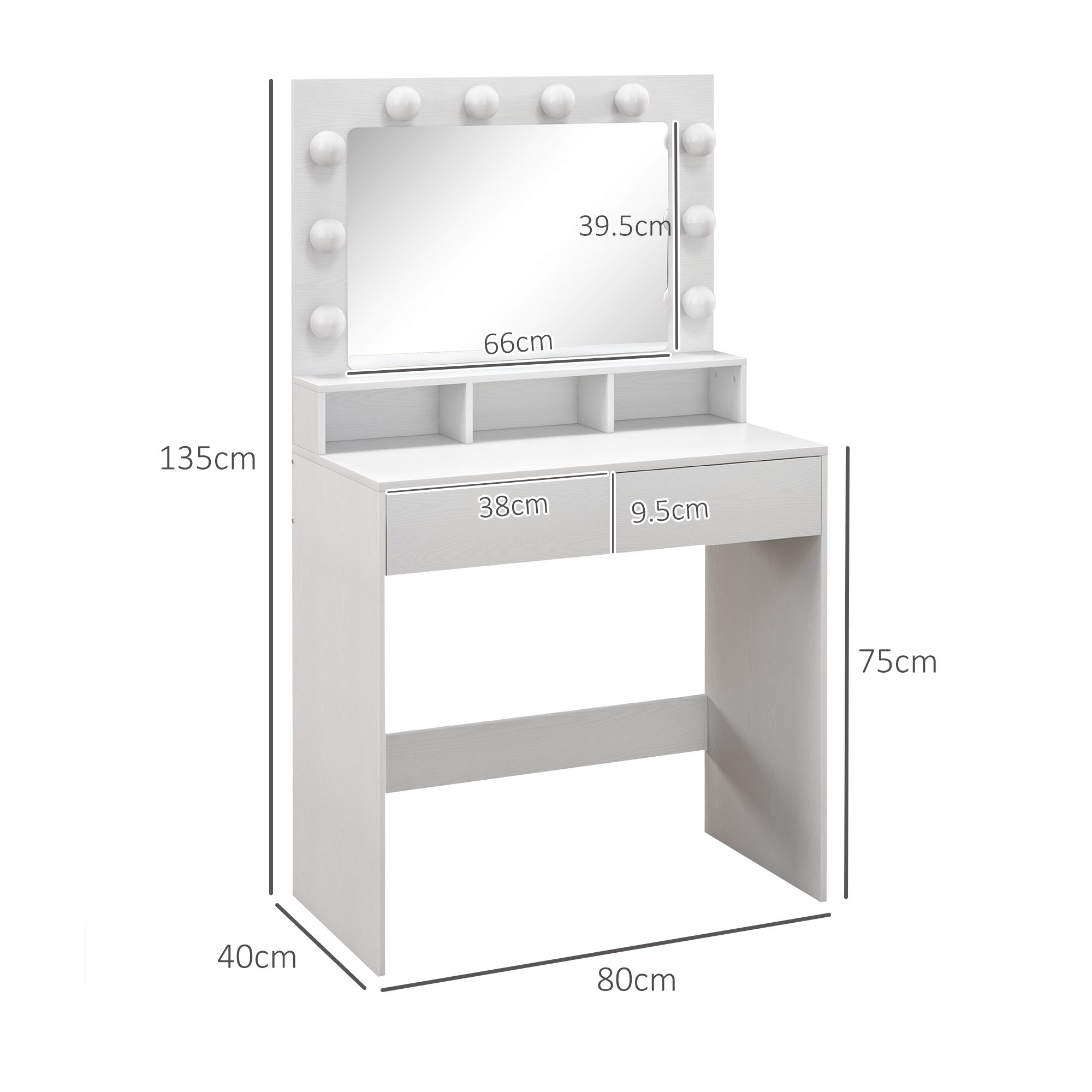 Un tavolino da trucco bianco con specchio e luci, dimensioni indicate.